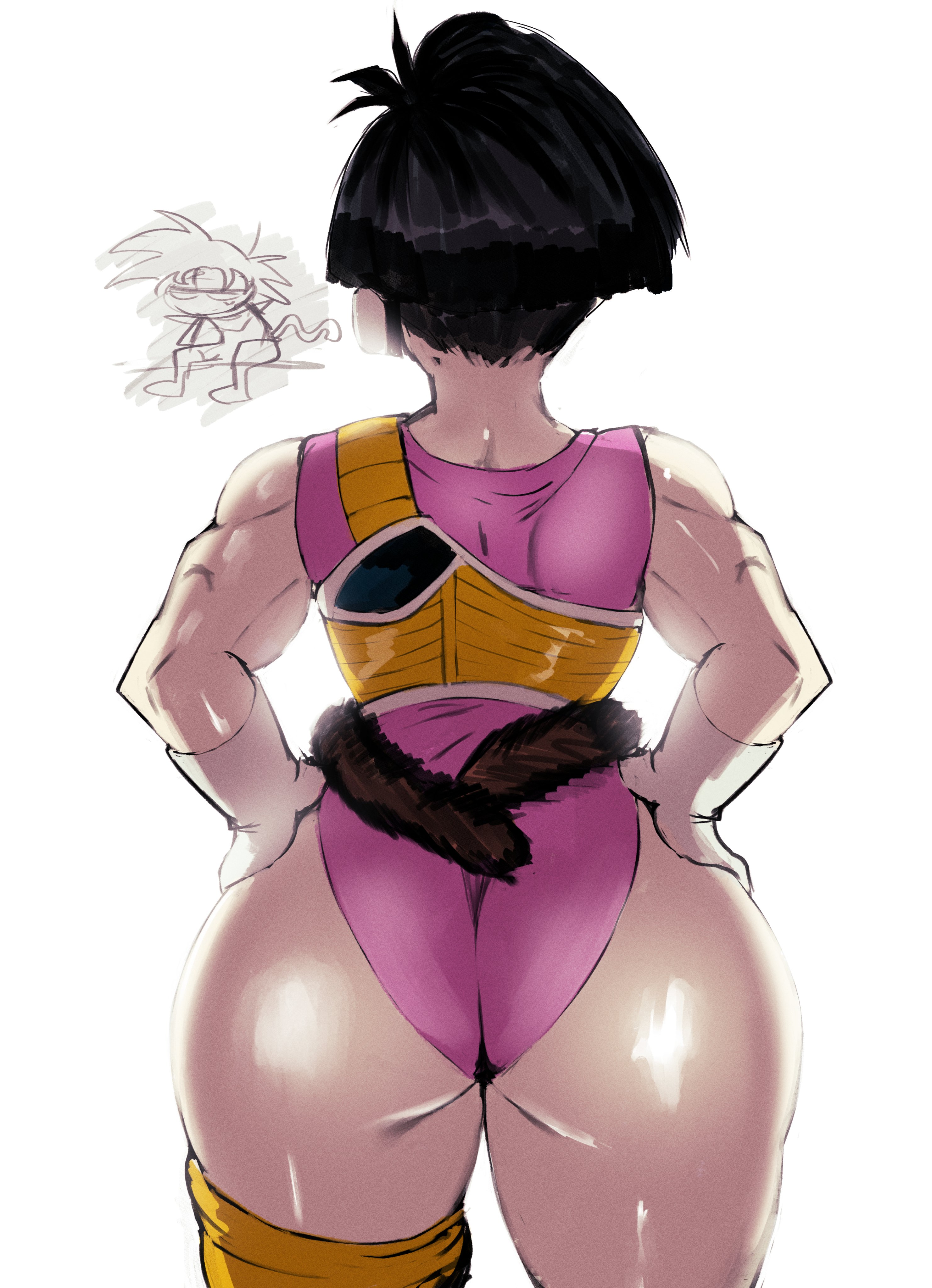 1girl, 1girls, ass, ass focus, back, back view, bardock, bardock (dragon ball z), behind view, behind view female, big butt, black hair, bubble ass, bubble butt, caked up, cheesecake, dragon ball, dragon ball sparking zero, dragon ball sparking! zero, dragon ball z, female, female focus, glistening, glistening body, gloves, hands on hips, leotard, monkey tail, muscle, muscle mommy, muscles, muscular, muscular female, saiyan, saiyan armor, saiyan female, saiyan girl, saiyan tail, saiyan woman, scouter, seripa, short hair, simple background, standing, tail, tail around waist, thick ass, thick thighs, toned, toned body, toned female