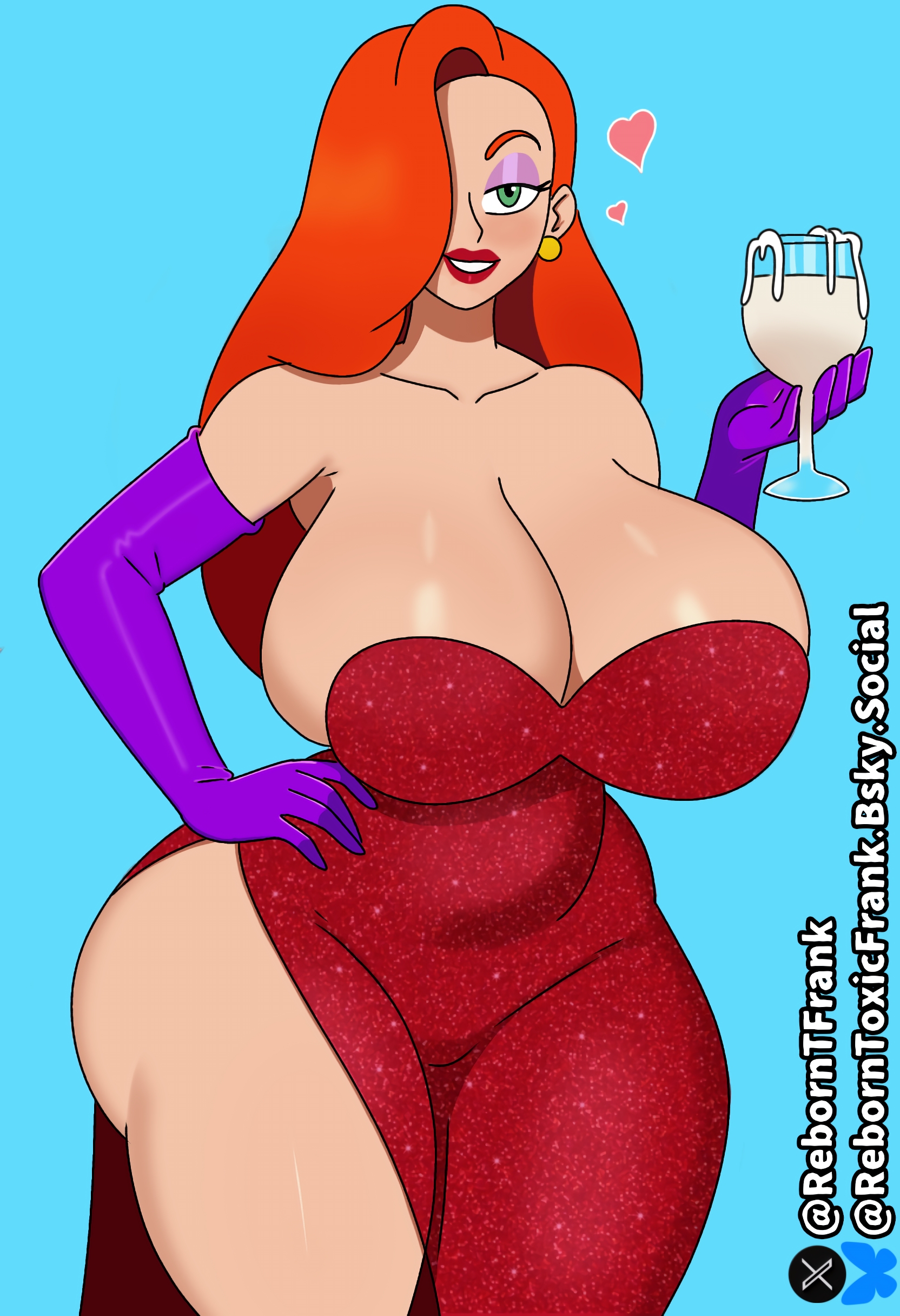 1girls, 2d, 2d (artwork), ass, ass visible from the front, breasts bigger than head, cum in container, cum in glass, digital media (artwork), dress, glass, green eyes, hand on hip, holding object, hourglass figure, hourglass figured female, huge breasts, jessica rabbit, lipstick, makeup, purple eyeliner, purple gloves, reborntfrank, red dress, red hair, red lipstick, self upload, smile, smiling, smiling at viewer, sperm, thick ass, who framed roger rabbit, wine glass