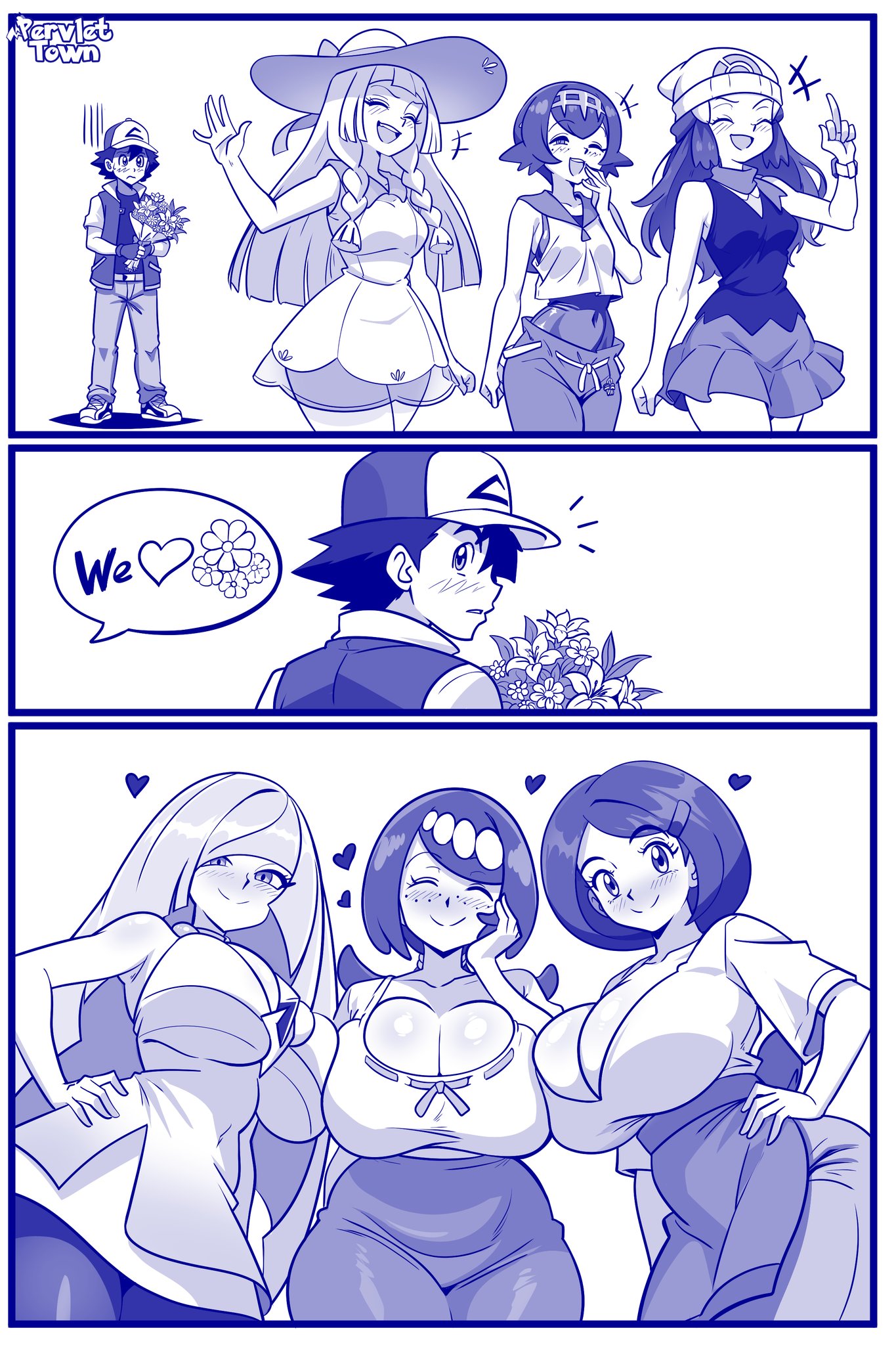 1boy, 6girls, big breasts, comic, curvaceous, curvy figure, dawn (pokemon), female, flower, hourglass figure, johanna (pokemon), kogeikun, lana (pokemon), lana's mother (pokemon), lillie (pokemon), lusamine (pokemon), male, milf, milfs, monochrome, multiple girls, older female, pokemon, pokemon (anime), pokemon (classic anime), pokemon dppt (anime), pokemon sm (anime), younger male