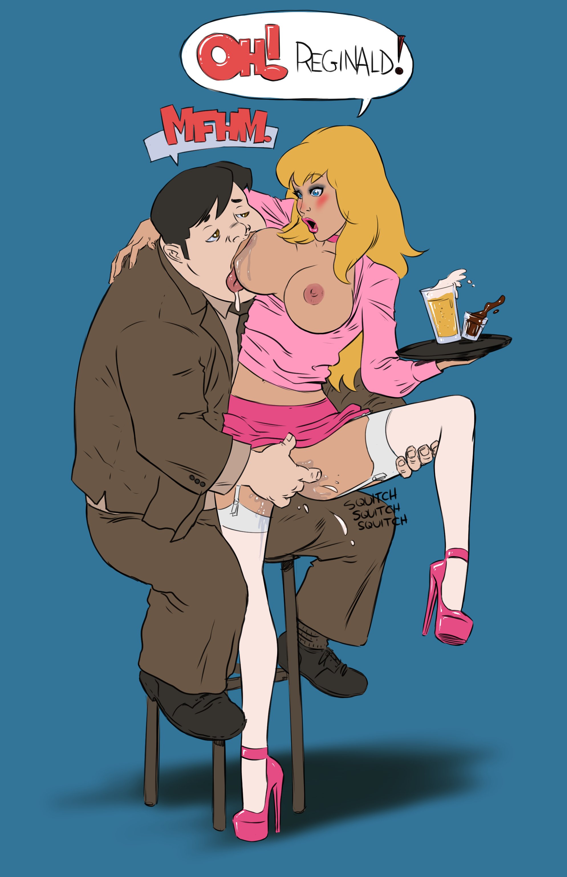big breasts, bimbo, blonde hair, blue eyes, blush, blushing, breast sucking, breasts, busty, choker, dress, eyeshadow, fat male, female, fenris comix, fingering, garter belt, high heels, hourglass figure, lipstick, long hair, makeup, male, mascara, miniskirt, platform heels, pussy, pussy juice, pussy juice drip, pussy juice trail, shirt, shirt pull, sitting, skimpy, skimpy clothes, skirt, speech bubble, standing, stiletto heels, stockings, sucking, tagme, tan, text, upskirt, vagina, vaginal masturbation, vaginal penetration, very high heels, waitress, wide hips