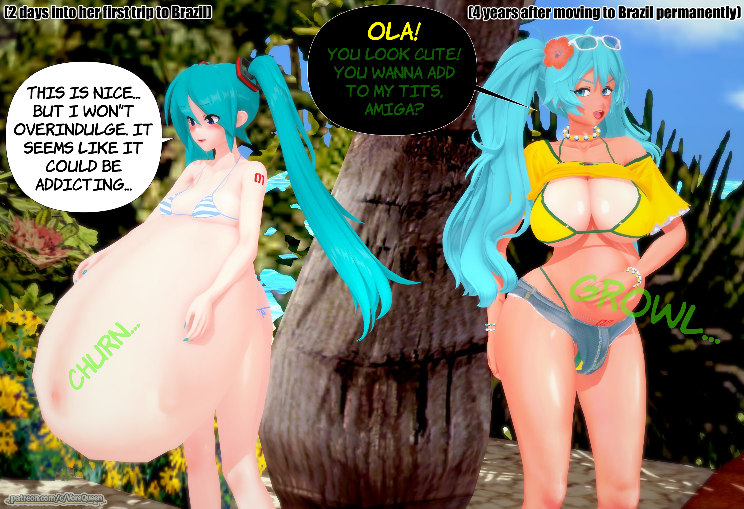 2futas, 2girls, 3d, 3d (artwork), absorption, absorption vore, ass, belly overhang, big ass, brazilian female, brazilian miku, breast expansion, breasts, corruption, cum, cumming, digestion, digestion noises, female, female focus, female pred, futanari, gassy, hatsune miku, implied disposal, koikatsu, large belly, large penis, oral vore, same size vore, snuff, tagme, uncensored, vocaloid, vore, vore queen, weight gain