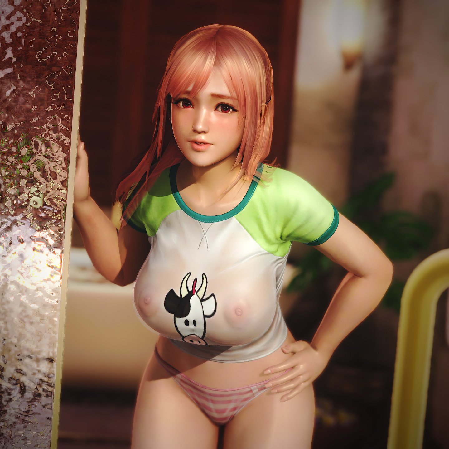 areolae, bikini, bikini top, blush, blushing, dead or alive, dead or alive 5, doahdm, embarrassed, embarrassed nude female, enf, honoka (doa), huge breasts, long hair, nipples, nipples visible through clothing, oblivious, panties, pink hair, tight bikini, tight clothing, tight fit