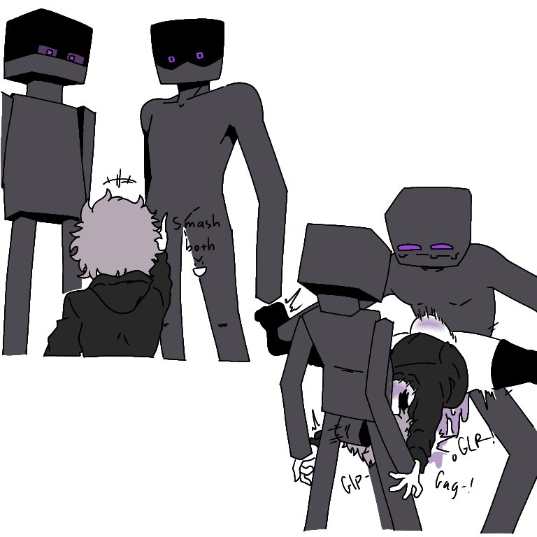 ambiguous gender, champaanimation, clothed sex, cum, cum in mouth, cum in pussy, cum inside, curly hair, double penetration, enderman, gagging, gay, gray hellsing, height difference, hoodie, interspecies, microsoft, minecraft, mojang, monster, purple eyes, size difference, smug, text, thighhighs, throat fuck