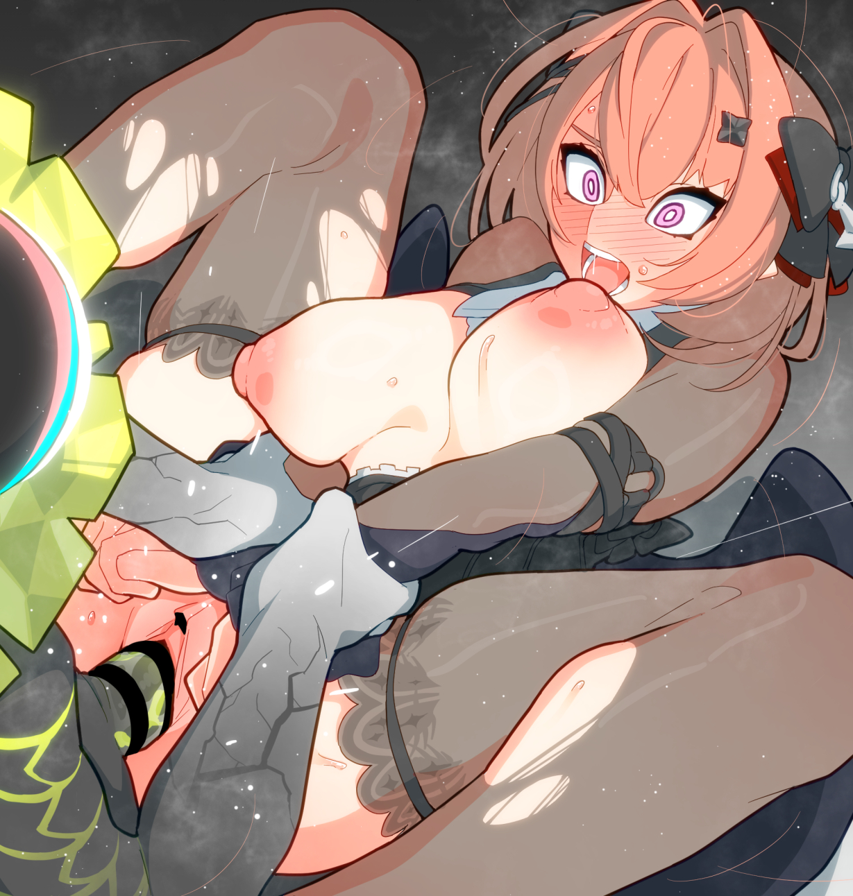 1boy, 1girl, animal penis, bar censor, black dress, black shrug, black wings, blush, breasts, censored, colored penis, commentary request, dress, ethereal (zenless zone zero), green penis, hetero, highres, interspecies, large breasts, lying, medium hair, missionary, nipples, official alternate costume, on back, open mouth, penis, pink hair, pussy, remielle dan, remielle dan (moonlight whispers), sex, shrug (clothing), spread legs, vaginal, wide-eyed, wings, yuuri splatoon, zenless zone zero