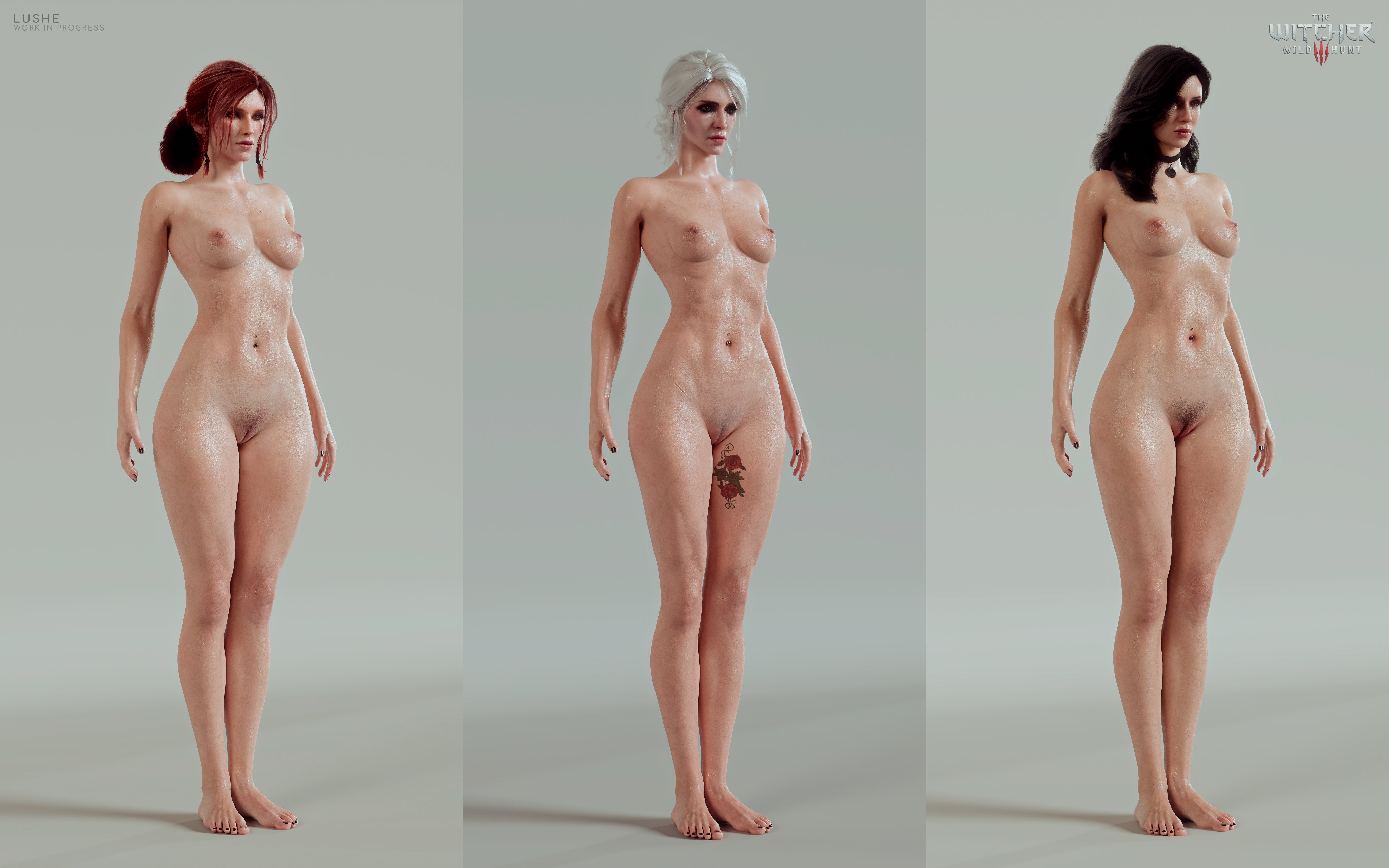3d, 3d model, 3girls, black hair, black nails, cd projekt red, choker, ciri, completely nude, female, female only, freckles, freckles on face, light skin, light-skinned female, lushe3d, mascara, model, navel piercing, necklace, nude, pubic hair, pussy, red hair, rose tattoo, scar, tattoo, the witcher (series), the witcher 3: wild hunt, thigh tattoo, triss merigold, white hair, wip, yennefer