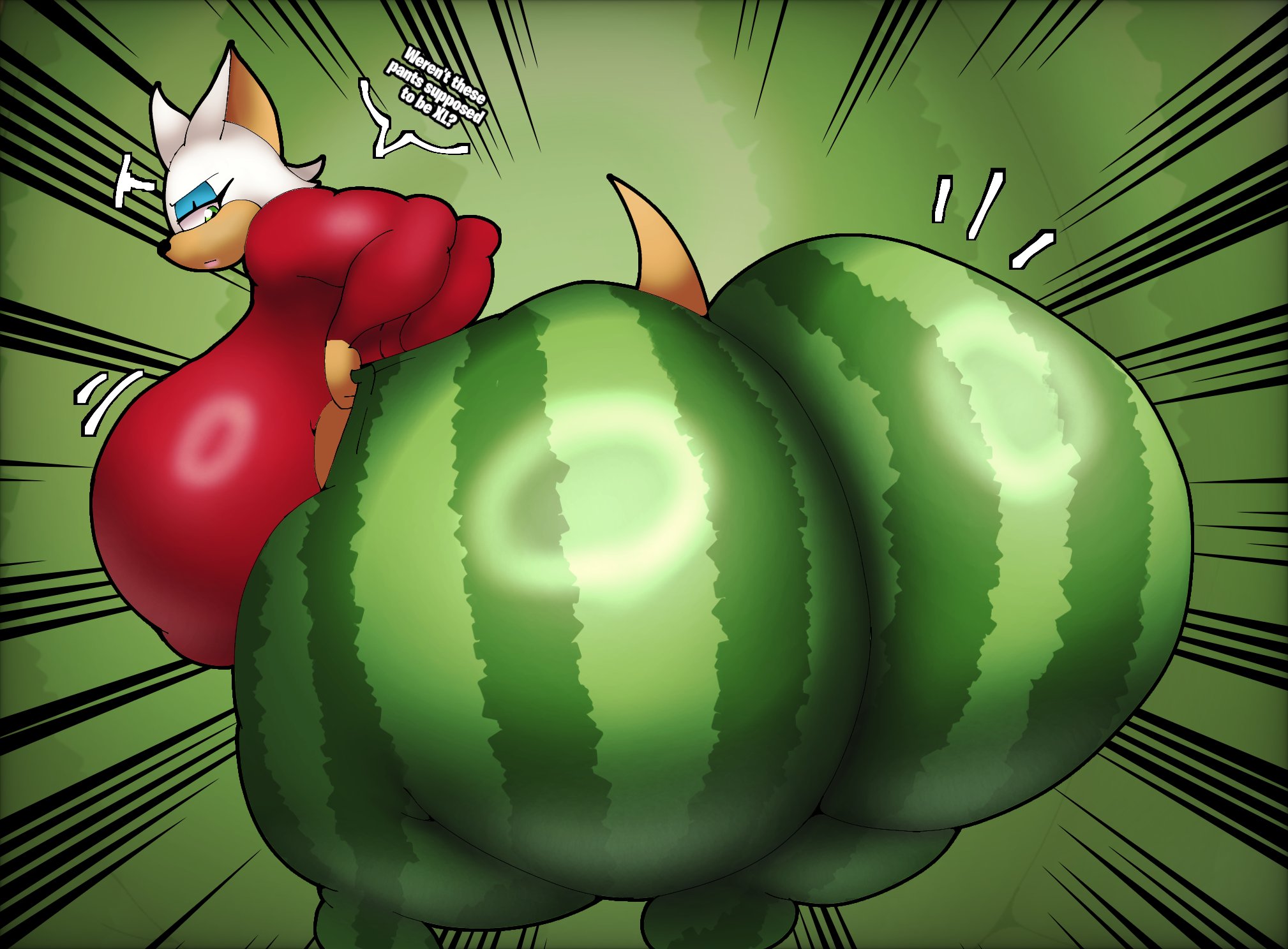 1girls, 2026, annoyed, annoyed female, anthro, anthro female, ass, ass bigger than head, ass bigger than torso, ass cleavage, ass crack, ass focus, big ass, big breasts, blue eyeshadow, bottomwear, bottomwear halfway down, breasts, breasts bigger than head, breasts bigger than torso, bubble butt, butt cleavage, butt crack, chiropteran, chiropteran humanoid, clothed anthro, clothed female, clothing, curvy, curvy female, curvy figure, dialogue, dialogue bubble, fat ass, female, gigantic ass, gigantic breasts, green eyes, green eyes female, hi res, huge ass, huge breasts, hyper, hyper ass, hyper breasts, long sleeve shirt, looking back, looking back at own ass, looking back at self, movement lines, pattern clothing, pattern leggings, pattern legwear, pink lipstick, red shirt, ring light reflection, rouge the bat, sega, shiny pants, simple background, solo, solo anthro, solo female, sonic (series), sonic the hedgehog (series), text, textured clothing, thedeathcrow05, thick thighs, tight clothing, tight pants, tight shirt, two tone body, two tone fur, voluptuous, voluptuous female, watermelon pattern, watermelon print, white fur, wide hips, wobbling breasts