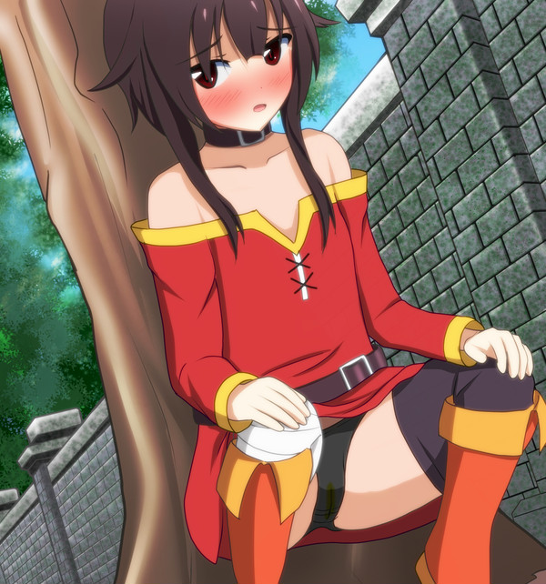 1girls against_tree black_panties blush girls_only kono_subarashii_sekai_ni_shukufuku_wo! megumin natsuhime-hime natsuhime_(pixiv228471) need_to_pee omorashi panties solo solo_female tagme