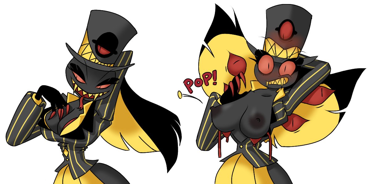 1girls, big breasts, black body, blush, breasts, button pop, dark areola, dark areolae, dark nipples, demon, demon girl, doctor rotten, embarrassed, eyelashes, eyes, fangs, female, female only, hand behind head, hand on breast, hat, hazbin hotel, headwear, humanoid, open mouth, pink sclera, rule 63, seductive eyes, seductive look, seductive smile, sharp teeth, simple background, sir pentious (hazbin hotel), smile, smiling, snake, snake humanoid, solo, solo female, straight hair, striped clothing, suit, surprised, teeth, text, top hat, tuxedo, vivienne medrano, wardrobe malfunction, white background, yellow teeth