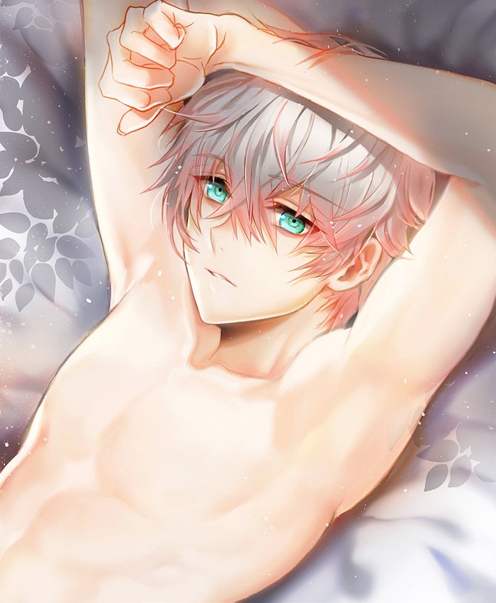 1boy, cute, hands, laying on back, laying on bed, looking at viewer, male, male focus, male only, mystic messenger, nude, ppinkbox (artist), saeran choi, solo male, upper body, white hair