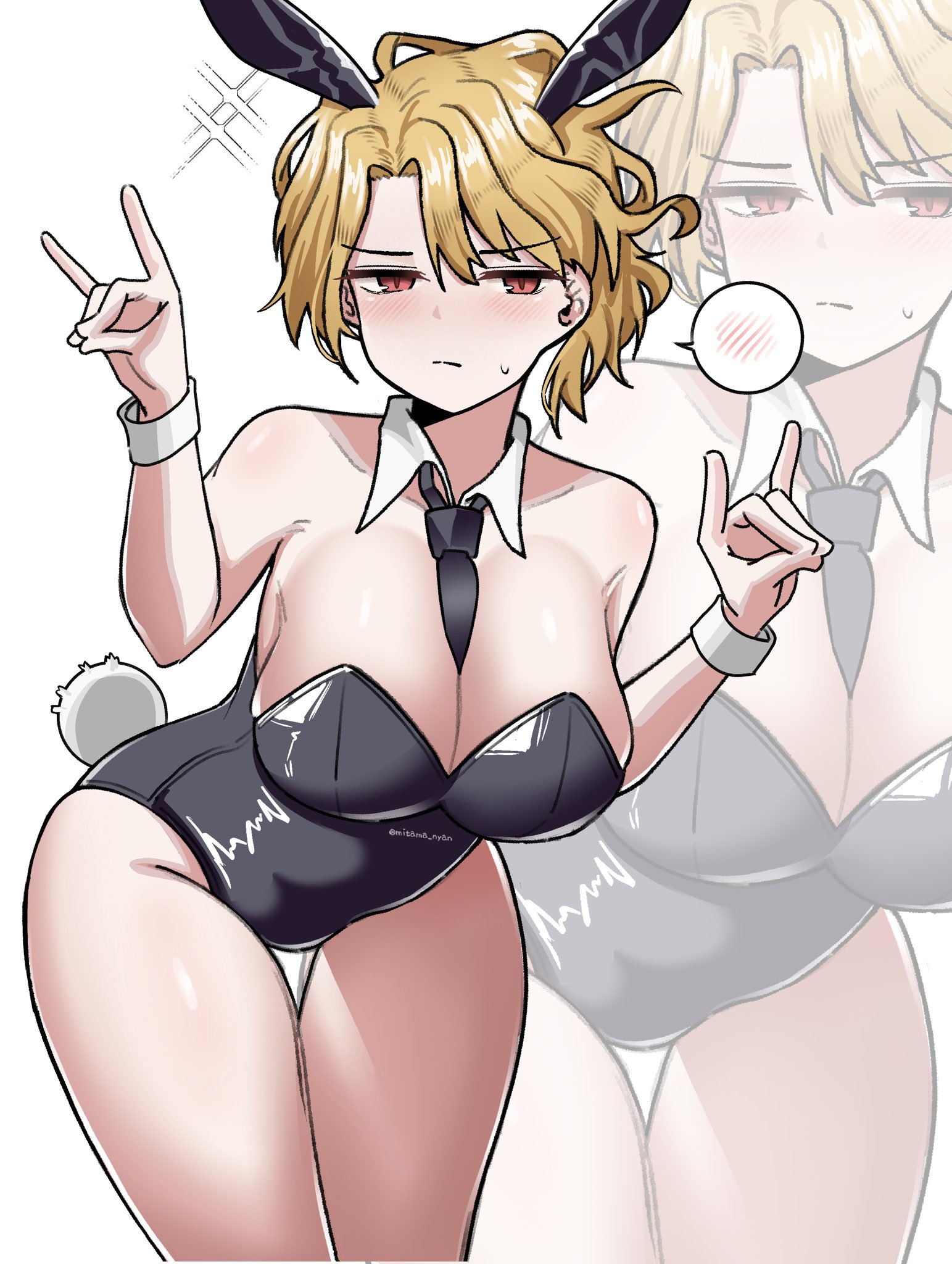 1girls, annoyed, big breasts, black tie, bloodfiend, blush, blushing, blushing female, breasts, bunny ears, bunny tail, bunnysuit, don quixote (limbus company), embarrassed, embarrassed female, fake tail, female, limbus company, mitama nyan, project moon, red eyes, sancho (limbus company), thighs, tie, tie between breasts, yellow hair