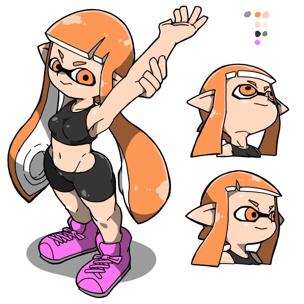 1girls anthro armpits arms_up bike_shorts cephalopod cephalopod_humanoid full_body humanoid inkling inkling_girl kaori_(splatoon) mask_(marking) nintendo omoitukan2 orange_eyes orange_hair pointy_ears shorts small_breasts splatoon sports_bra squid standing stretching tentacle tentacle_hair tight_clothing wide_hips