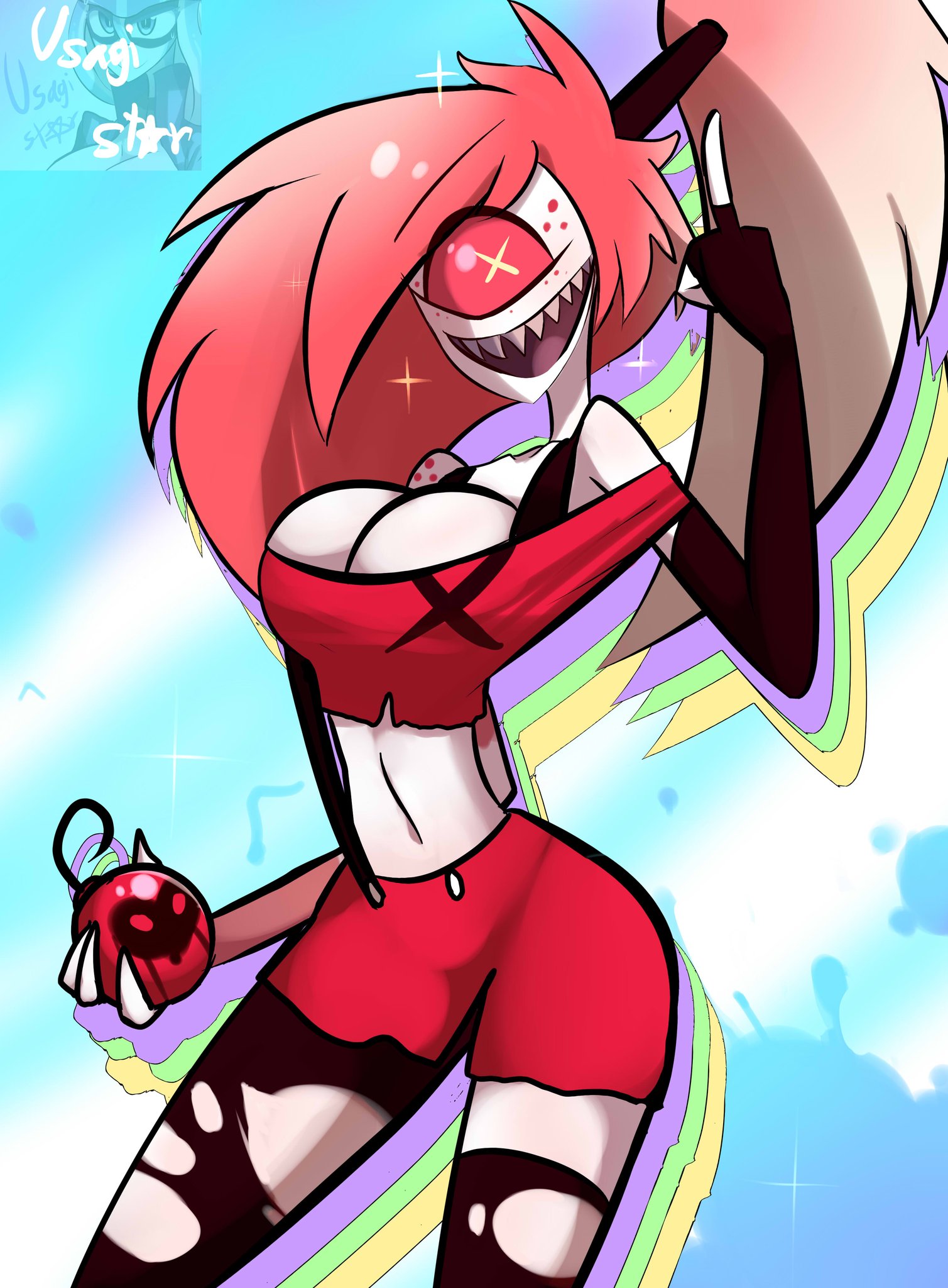 1 eye, 1girls, ass, big ass, big breasts, blush, bomb, bottom heavy, breasts, cherri bomb, clothing, cute, cute fang, cyclops, demon, demon girl, female, grin, hazbin hotel, hourglass figure, large breasts, looking at viewer, nipples, open mouth, red eyes, sharp teeth, smooth skin, sweat, teeth, thick thighs, tongue, usagi star, vivienne medrano, wide hips