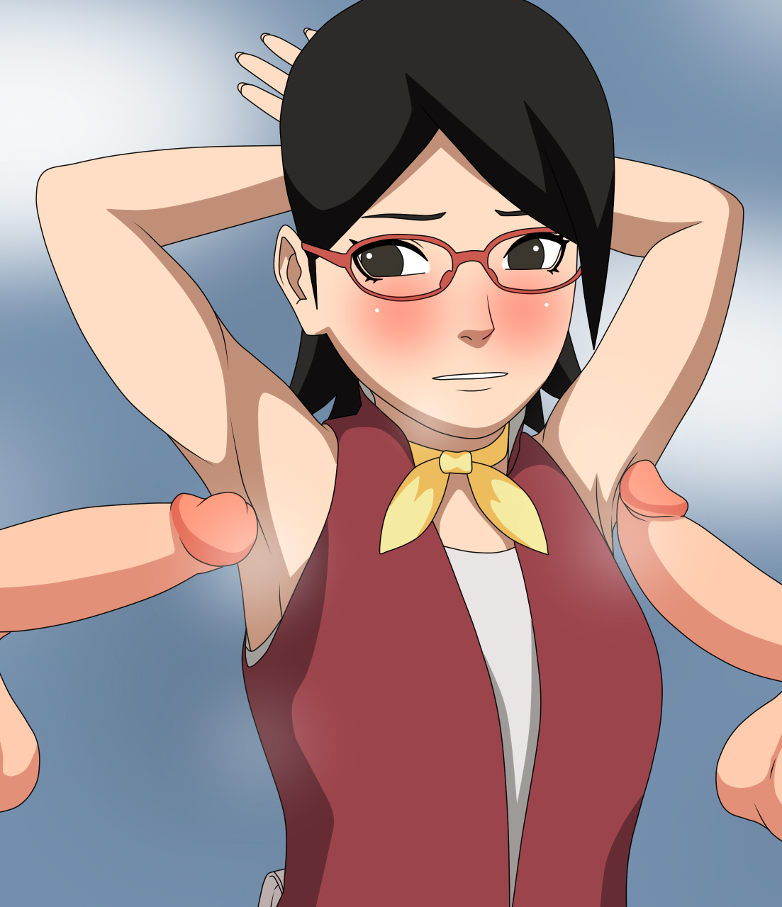 alternate costume, armpit fetish, armpit sex, armpits, boruto: naruto next generations, female, fetish, kink, male, naruto, naruto (series), rantuahelax, sarada uchiha, sweat, sweatdrop, unseen male face