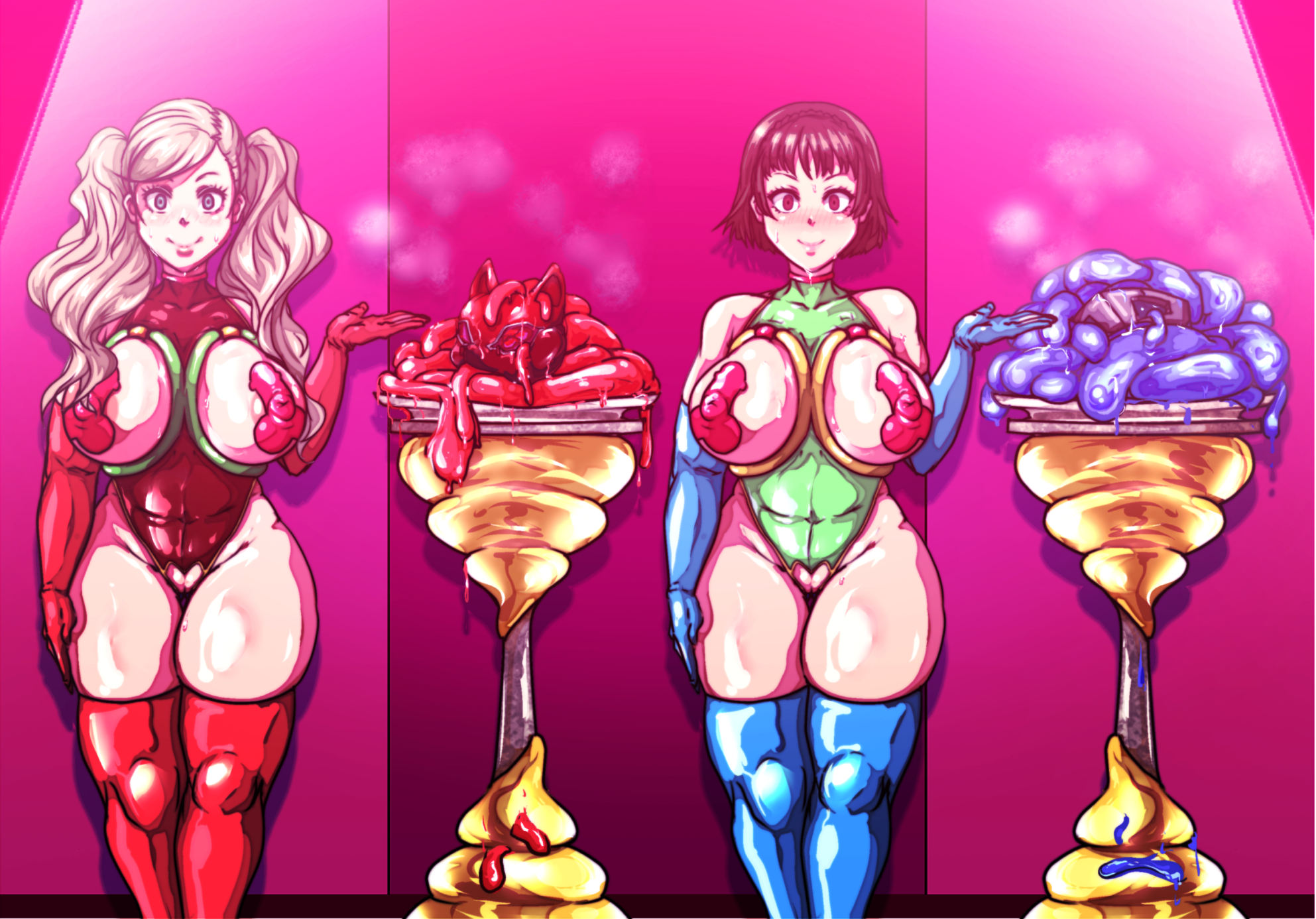 anal jelly, ann takamaki, atlus, brainwashing, breasts, corruption, dubious consent, makoto niijima, mask, mask removed, oppaotintin, persona, persona 5, personality change, personality death, personality excretion, scat, sega, soulless eyes, textless, thick thighs, thighhighs