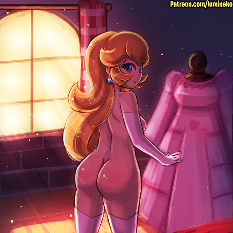 1girls 2019 arm_gloves ass blonde_hair blue_eyes blush clothing curtain dress elbow_gloves female female_only gloves indoors long_hair looking_at_viewer looking_back looking_back_at_viewer lumineko mario_(series) naked nintendo nipples nude photo presenting presenting_hindquarters princess_peach sideboob solo standing sunlight thighhighs video_games watermark white_armwear white_skin white_thighhighs window