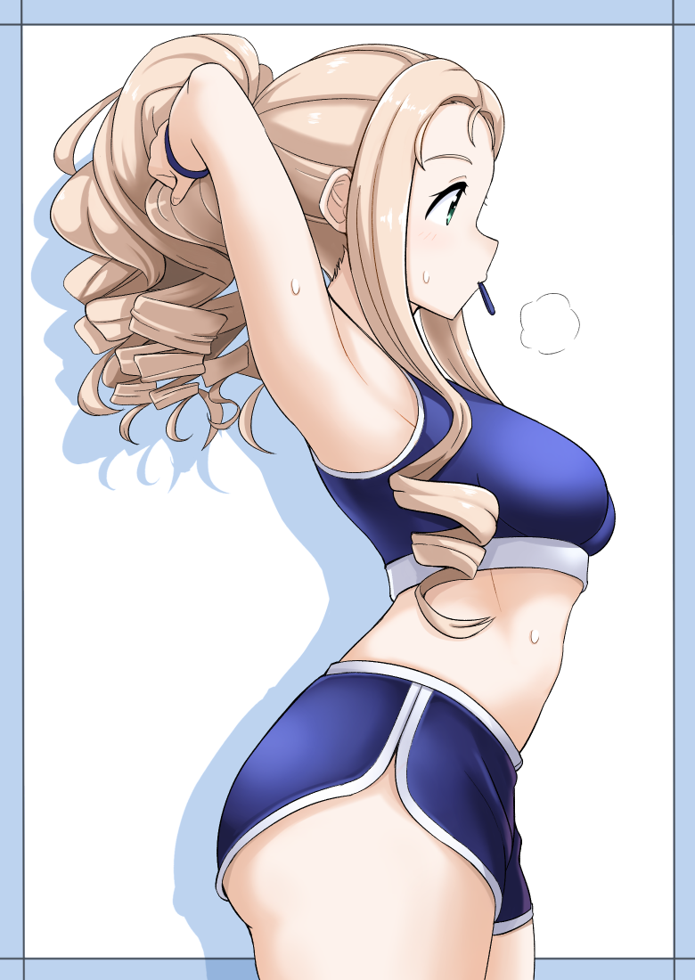 adjusting_hair armpits blonde_hair breasts breath drill_hair female girls_und_panzer green_eyes marie_(girls_und_panzer) medium_breasts midriff mouth_hold ponytail profile rebake-1453 short_hair solo sportswear sweat white_background