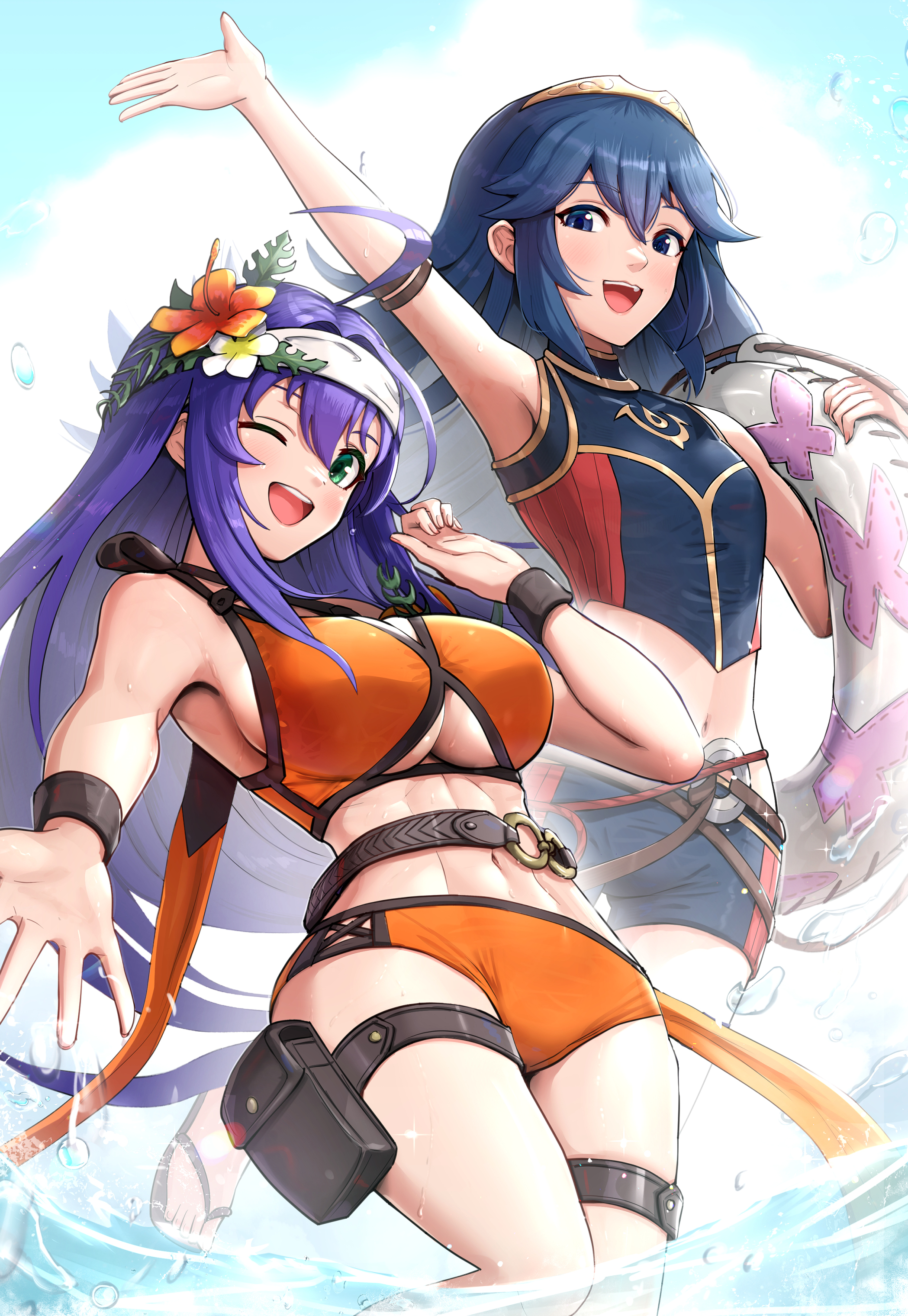 ;d, 2girls, absurdres, ahoge, armpits, ass visible through thighs, bare shoulders, belt, bikini, blue bikini, blue eyes, blue hair, blush, breasts, clothing cutout, day, dutch angle, feet out of frame, female, female only, fire emblem, fire emblem awakening, fire emblem cipher, fire emblem heroes, fire emblem: path of radiance, fire emblem: radiant dawn, flat chest, flower, glint, gonzarez, green eyes, hair flower, hair ornament, hairband, hibiscus, highres, innertube, jumping, large breasts, lens flare, long hair, looking at viewer, lucina (fire emblem), mia (fire emblem), multiple females, multiple girls, navel, nintendo, official alternate costume, one eye closed, open mouth, orange bikini, orange flower, outdoors, purple hair, shorts, simple background, smile, splashing, standing, sunlight, swimsuit, symbol-shaped pupils, thigh pouch, thigh strap, thighhighs, thighs, tiara, underboob, underboob cutout, very long hair, water, wet, white background, white hairband, wristband