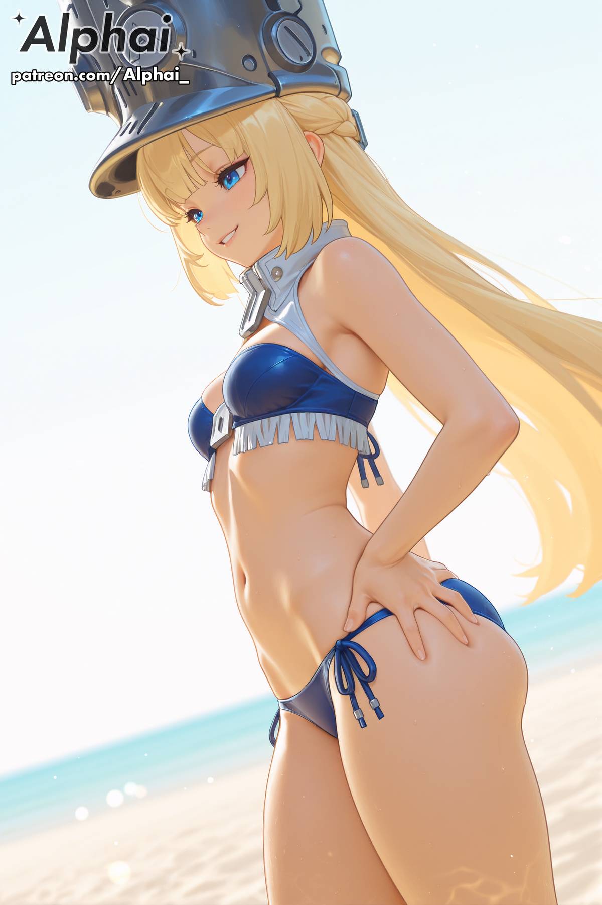 1girl, 2025, 2026, 4k, absurd res, absurdres, ai, ai art, ai assisted, ai created, ai generated, ai-created, ai-generated, alphai, anime, bangs, beach, blonde hair, blue bikini bottom, blue bikini top, blue eyes, blushing, breasts, chest, childish, cinematic lighting, close-up, clothing, colorful background, curvy, curvy figure, cute girl, depth of field, detailed hair, detailed skin, detailled background, dramatic shadows, eyelashes, eyeliner, female, female face, female focus, female only, flat chest, fringe, girl, hand on ass, high quality, high resolution, highres, hoyoverse, legs, long hair, metal hat, mihoyo, naughty face, norma (zenless zone zero), norma hollowell, particles, patreon, patreon link, patreon url, patreon username, petite breasts, plump, raised eyebrows, revealing clothes, seductive eyes, side angle, skinny, slender, slim waist, small breasts, solo, summer, swimwear, thick legs, thick thighs, thigh gap, thighs, video game character, volumetric lighting, watermark, zenless zone zero, zettai ryouiki, zzz