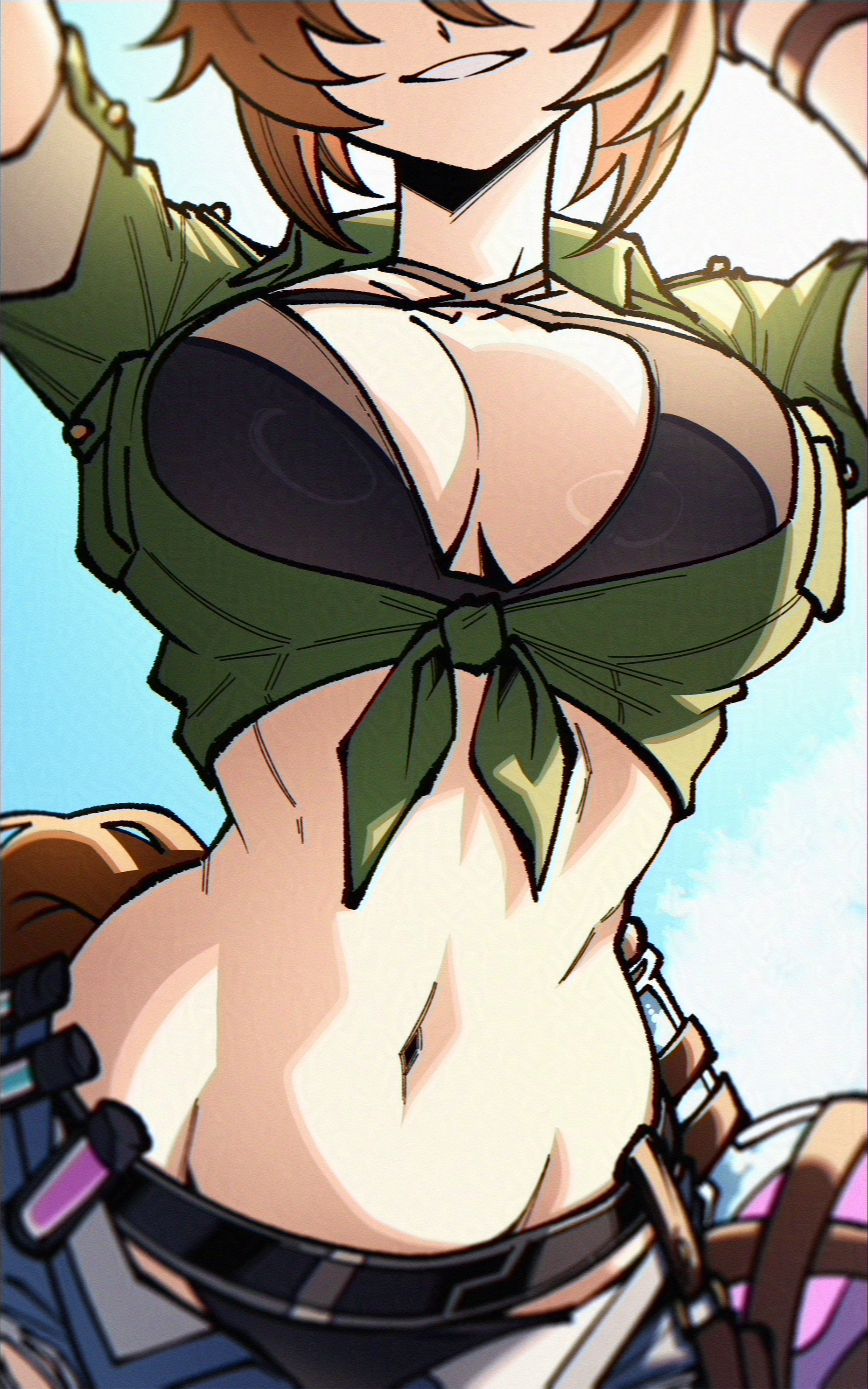 1girls, 2026, agnes tachyon (lunatic lab) (umamusume), agnes tachyon (umamusume), bare midriff, bra, breasts, brown hair, cleavage, dryegen46, navel, official alternate costume, solo, solo female, tagme, tied shirt, umamusume