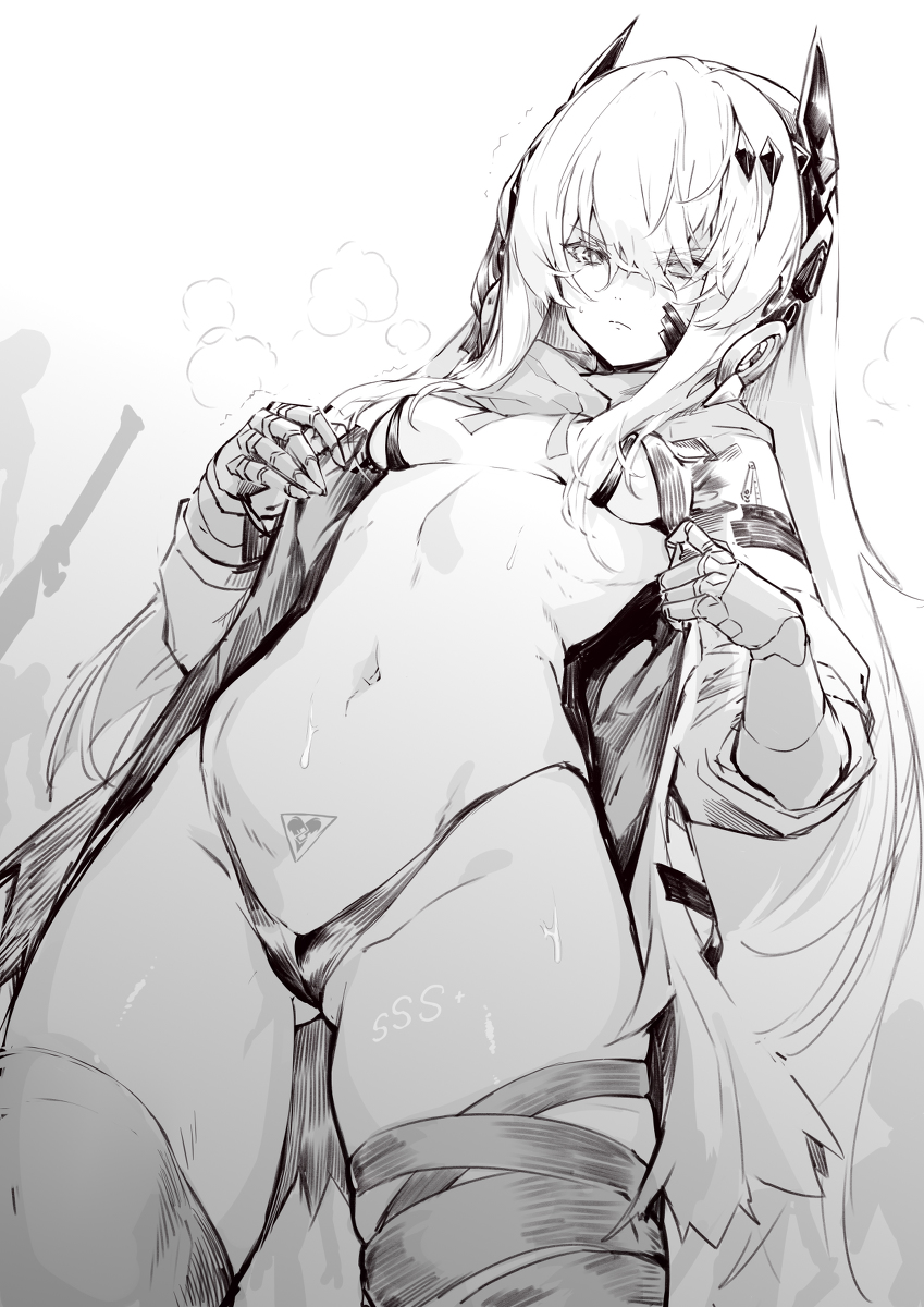 1girls, artist request, black and white, breasts, breasts out, female, headgear, heterochromia, long hair, lucia (punishing: gray raven), lucia: crimson abyss (punishing: gray raven), monochrome, punishing: gray raven, robot girl, skimpy, small breasts, solo, standing, tattoo, undressing, white hair