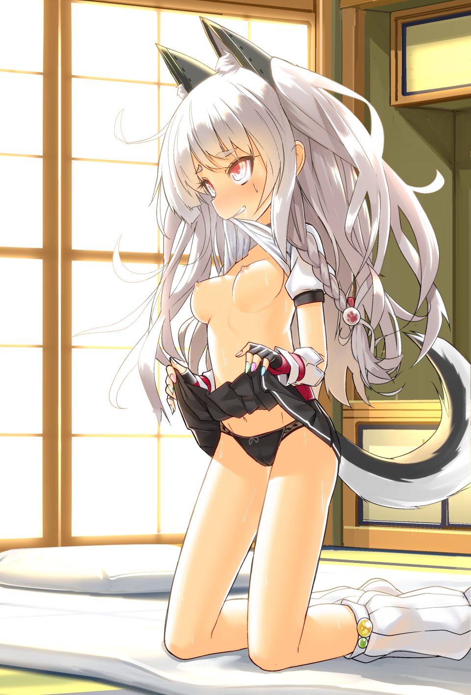 animal ears, azur lane, bed, clothing, half naked, indozin, light blue nails, nails, panties, pink nails, red eyes, skirt, tagme, tail, white hair, yuudachi (azur lane)