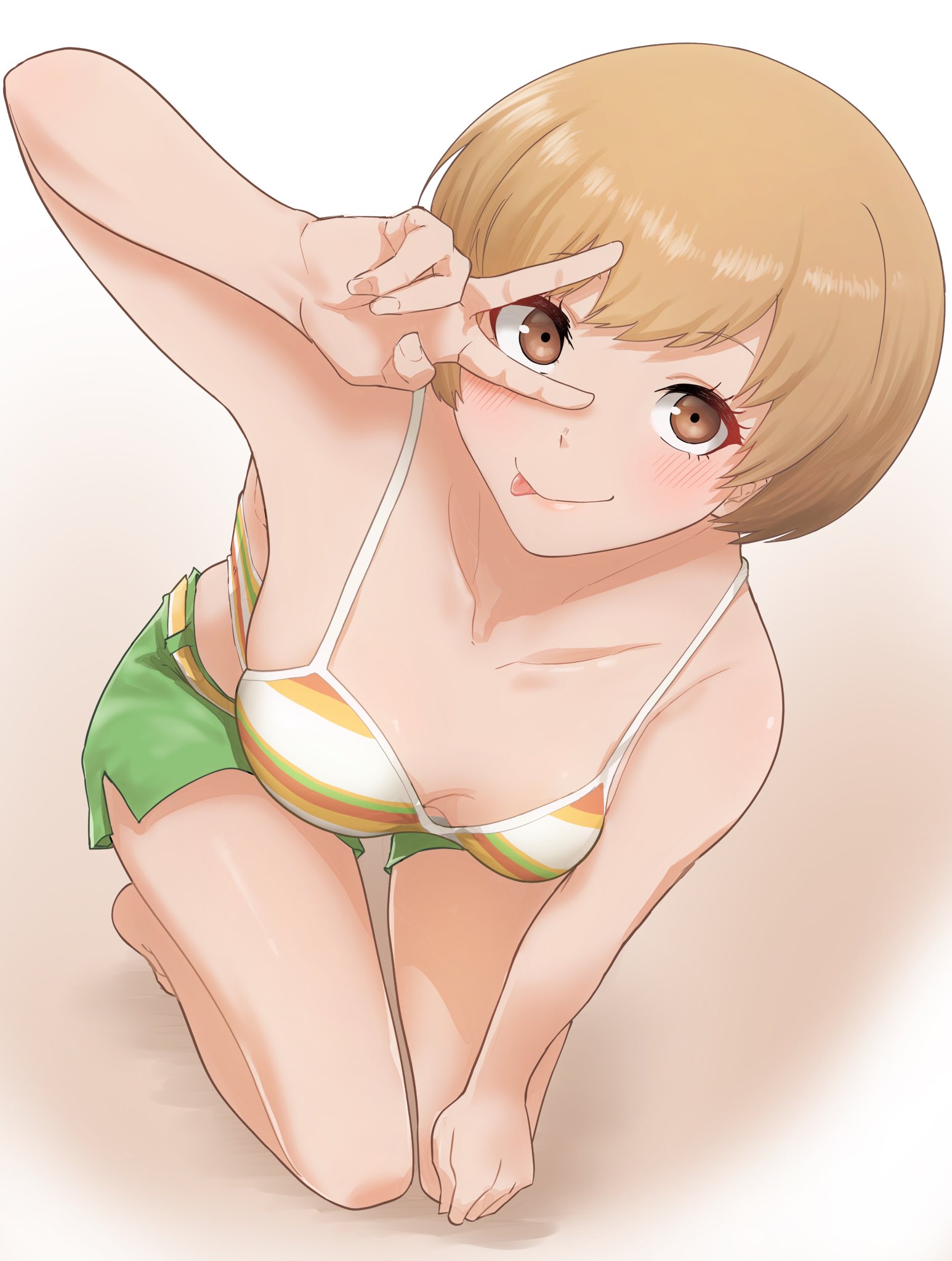 1girls, 2d, atlus, bikini, female, female only, hi res, human, human female, human only, kneeling, kurosususu, light skin, light-skinned female, looking at viewer, peace sign, persona, persona 4, satonaka chie, satonaka chie (swimsuit), sega, smile, solo, swimsuit, tongue, tongue out, v, v sign