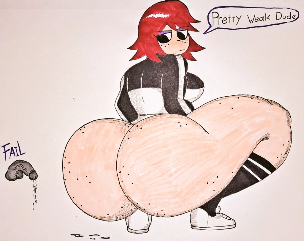 1boy, 1girls, alternate ass size, anon, anonymous, ass, big ass, big butt, breasts, cum, dialogue, disembodied penis, english, english dialogue, english text, female, freckles, grey body, grey skin, huge ass, huge butt, kim pine, large ass, large butt, long socks, looking back, male, nutboiart8008, penis, red hair, scott pilgrim, shoes, short hair, sideboob, small penis, small penis humiliation, sneakers, socks, squatting, straight, text, traditional media (artwork), vein, veiny penis