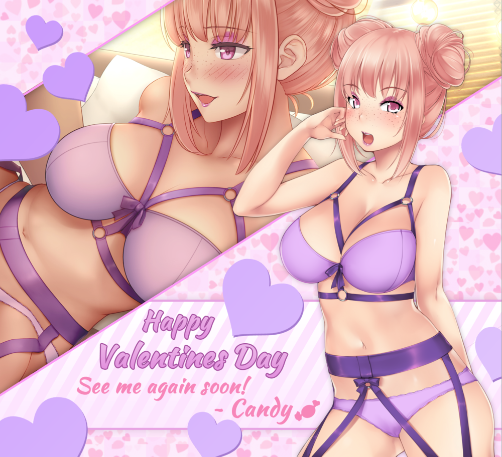 big_breasts bun candace_crush huniepop huniepop_2 lingerie pink_eyes pink_hair valentine's_day