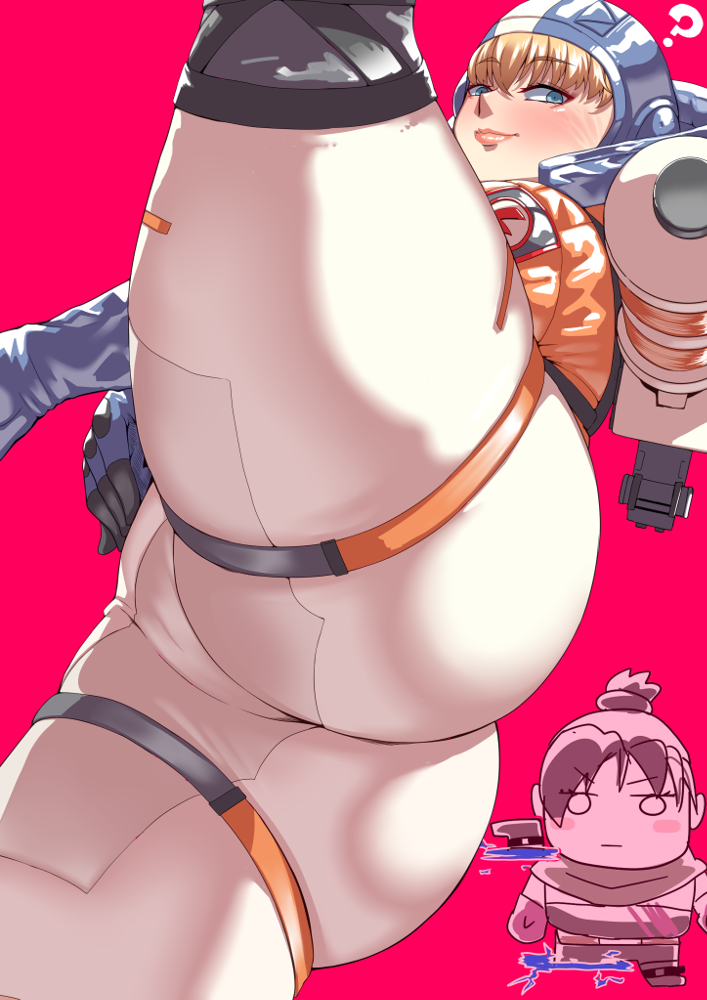 2d 2girls ? apex_legends below_view blonde_hair blue_eyes blush dat_ass female female_only from_below huge_ass jumpsuit kanda_nijo lichtenberg_figure multiple_girls red_background scar skin_tight smile spread_legs thick_thighs tight_clothing voluptuous wattson_(apex_legends) wraith_(apex_legends) yu02j0