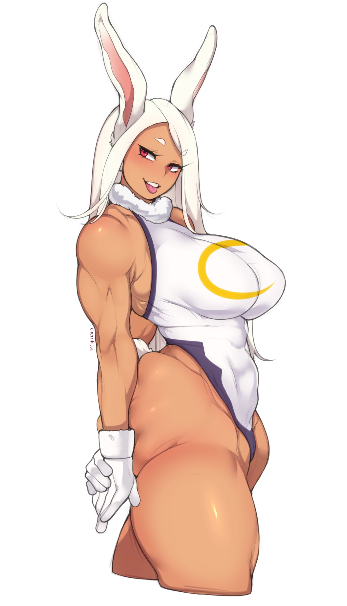 1girls, arms behind back, ass, ass press, breasts, bunny ears, bunny tail, cameltoe, cherrikissu, dark skin, dark-skinned female, female, female only, gloves, highres, large breasts, leotard, light blush, long hair, looking back, miruko, muscular, muscular female, my hero academia, pussy, red eyes, rumi usagiyama, side view, solo, solo female, thick thighs, tight clothing, tongue, tongue out, white background, white hair
