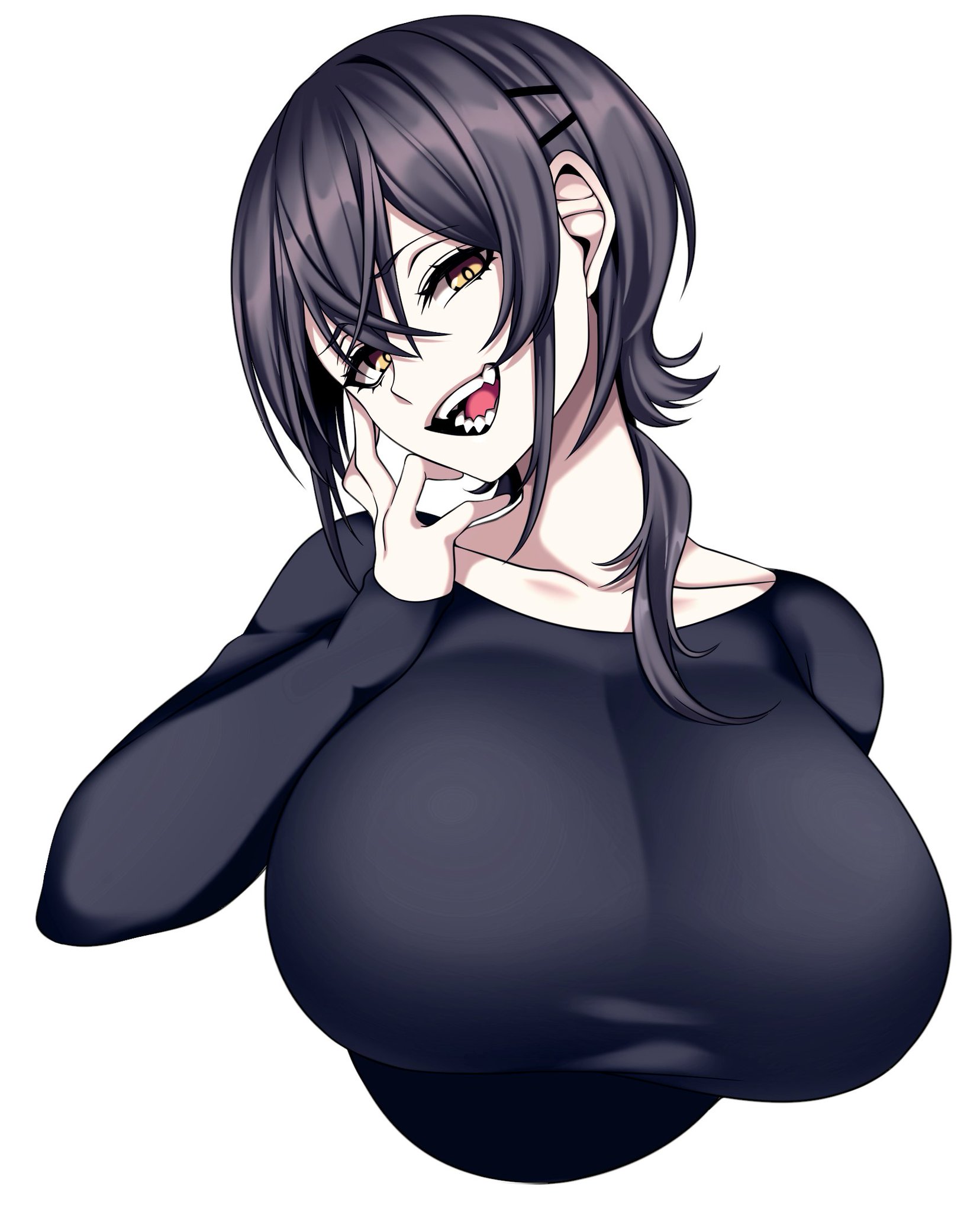 1girls, big breasts, black hair, breasts, camui kamui (hz 666v), cute, dark hair, eyelashes, eyeliner, female, female only, huge breasts, large breasts, light skin, light-skinned female, open mouth, original, solo, teeth, tongue, white background, yellow eyes