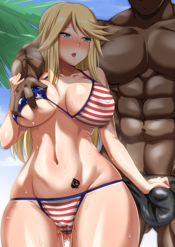 1boy 1girls alice_gear_aegis american_flag american_flag_bikini areolae ayuayu_(shouyu_no_sato) bikini blonde_hair blue_eyes blush breasts bulge crotch_grab dark-skinned_male female flag_print grabbing_from_behind groping hand_on_penis height_difference imminent_sex interracial light-skinned_female long_hair muscular_male pale-skinned_female pussy_juice queen_of_spades shirley_oakley swimsuit voluptuous