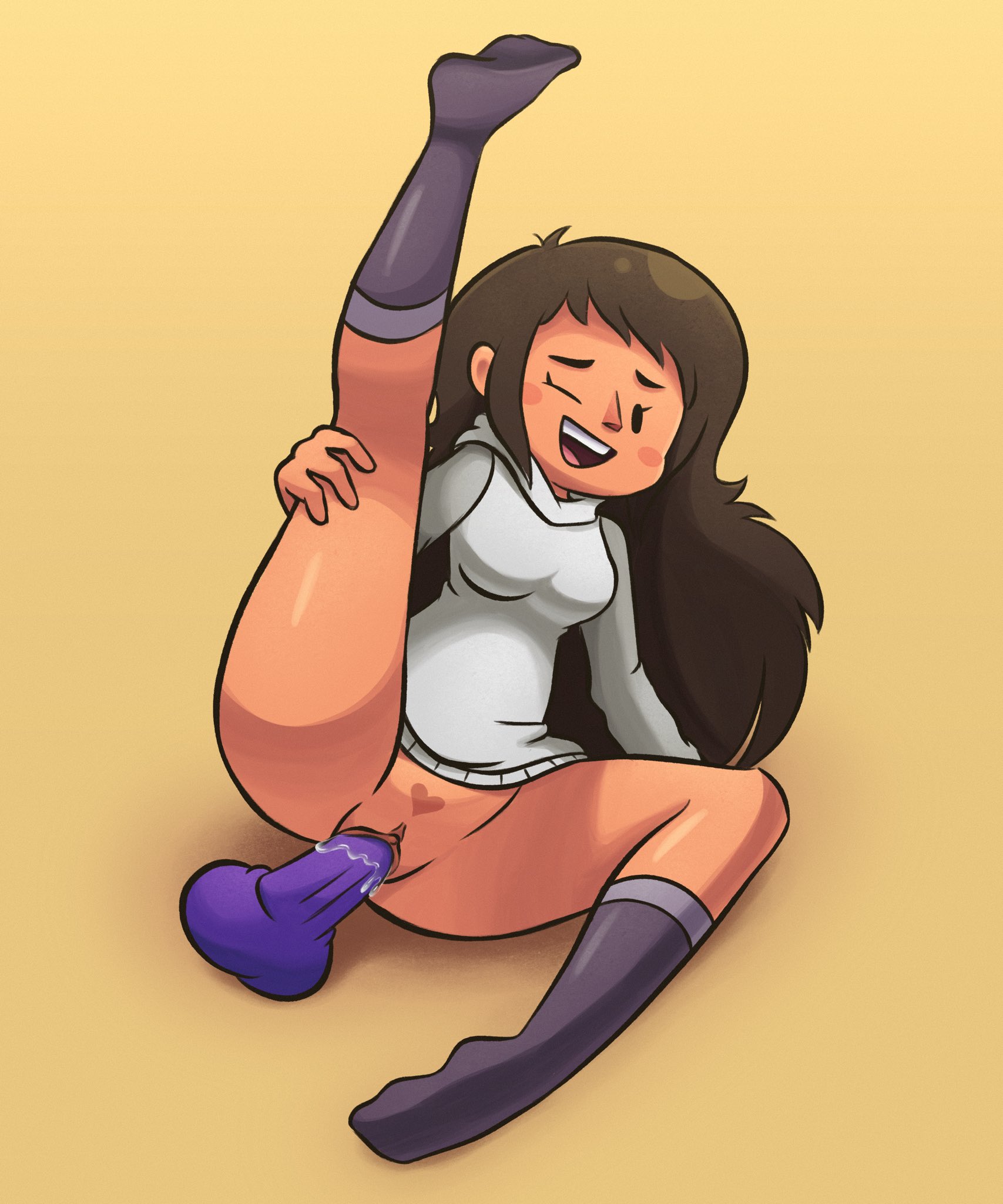 1girls, blush, bottomless, brown hair, brown skin, dildo, dildo in pussy, donut bonut, female, female focus, female only, hair, highres, human, jacket, layla (donut bonut), leg up, legs, looking pleasured, masturbation, on side, one eye closed, one leg up, open mouth, original, original character, pubic hair, pussy, pussy juice, sex toy, solo, solo female