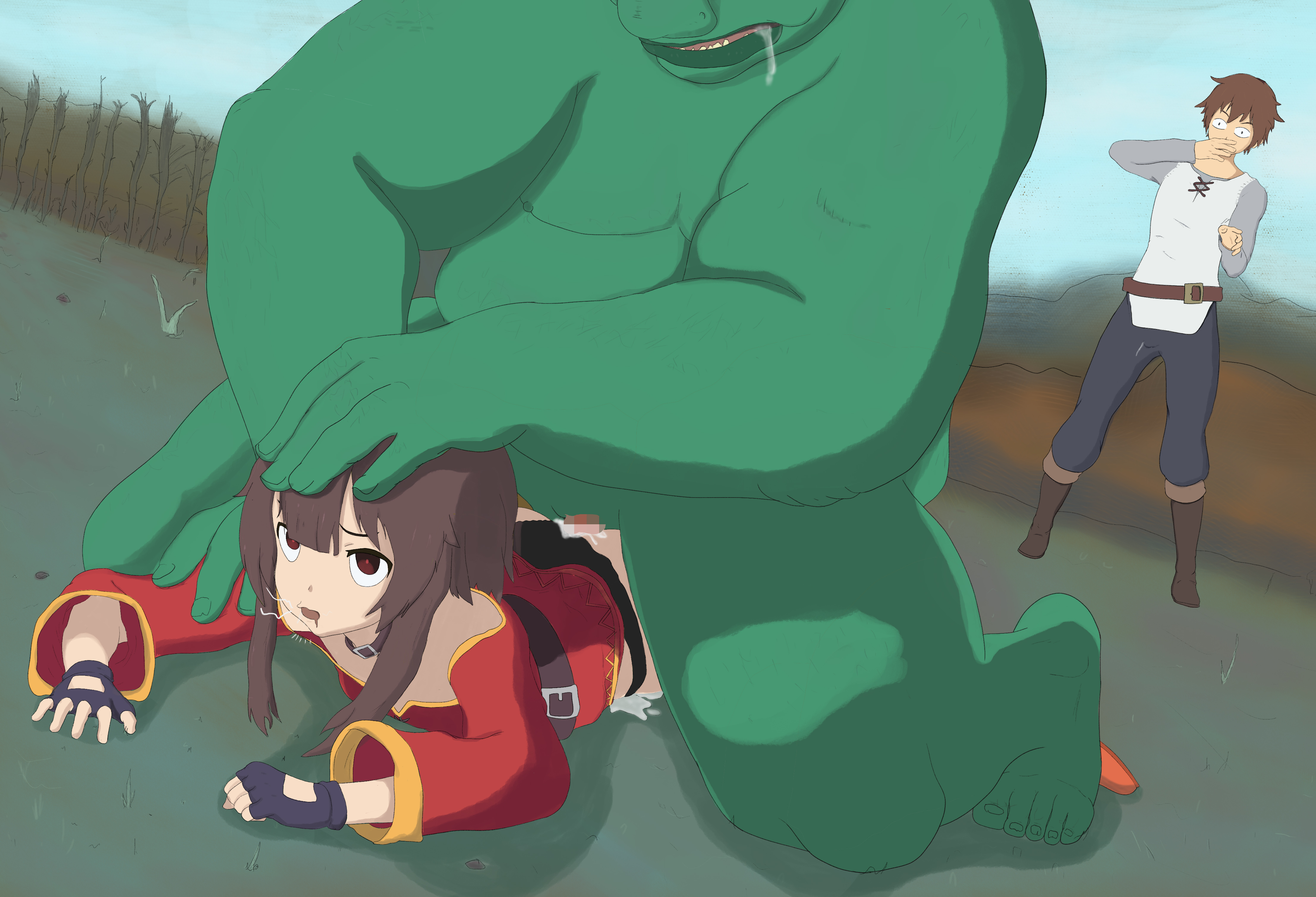 2d, ahe gao, ass, bad end, bangs, black panties, broken rape victim, brown hair, captured heroine, censored, clothed sex, corrupted, corruption, cucked by goblin, cuckold, cum, cum in pussy, cum inside, drool, ejaculation, fantasy, fat male, female, femsub, fingerless gloves, from behind, goblin, goblin male, head grab, kono subarashii sekai ni shukufuku wo!, male, maledom, medieval, megumin, mind break, netorare, ntr, ogre, outdoors, pussy, rape, red dress, red eyes, sex, shocked, sky