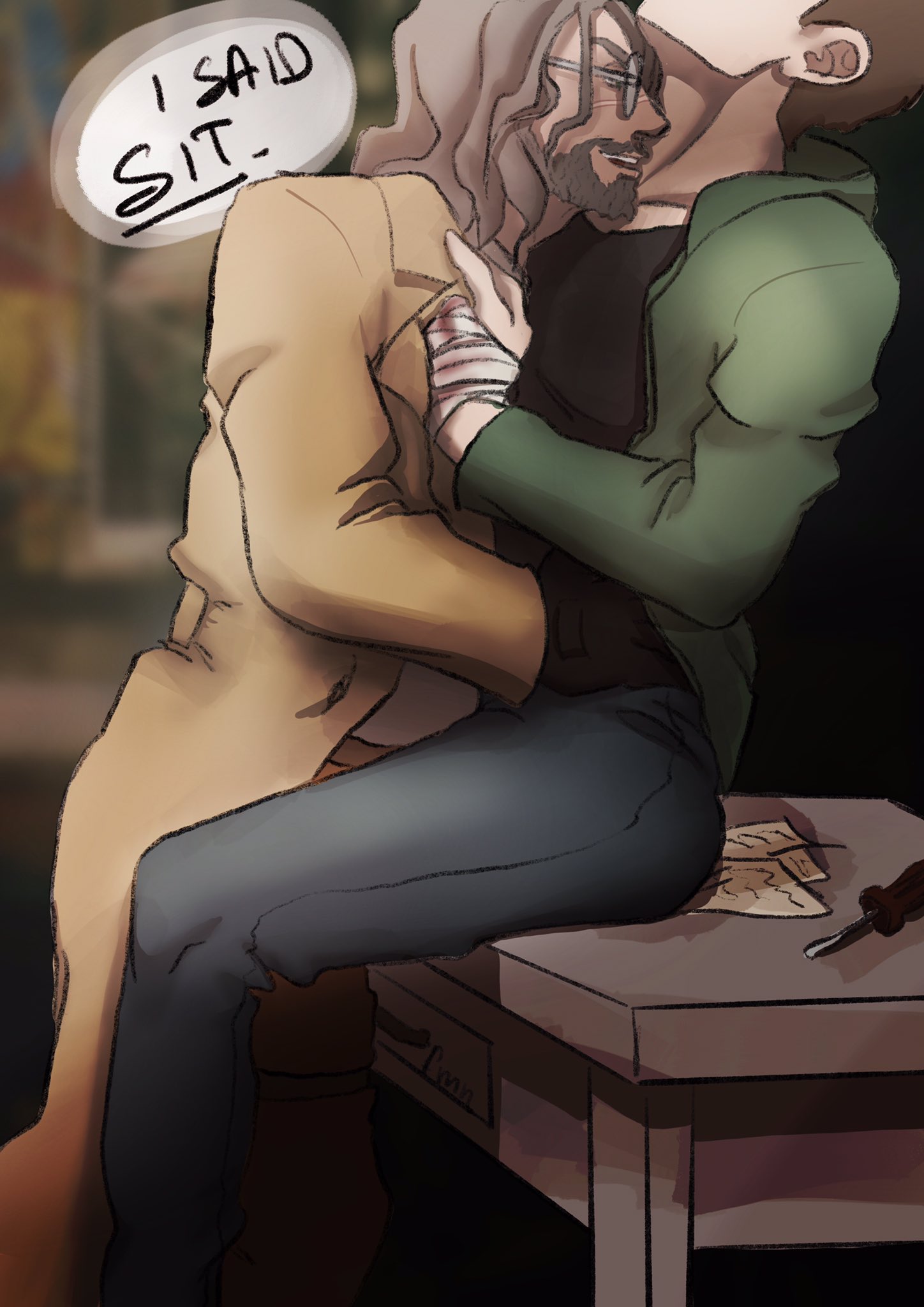 2boys, beard, ethan winters, gay, gloves, grey hair, karl heisenberg, male, male only, resident evil, resident evil 8: village, sitting, tagme, yaoi