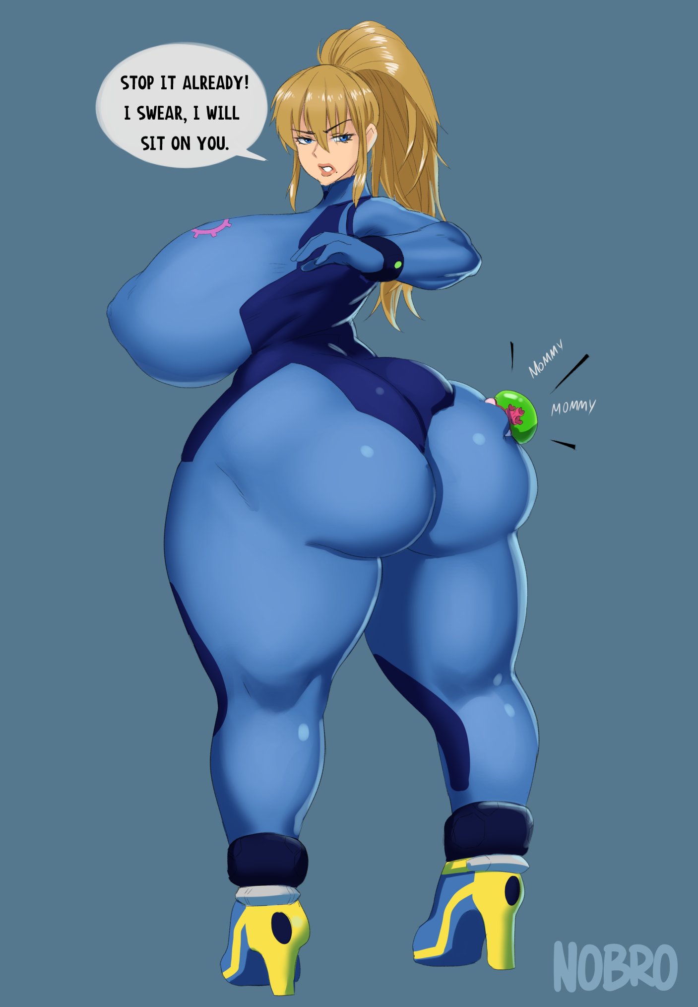 1girls, alternate ass size, alternate body type, alternate breast size, ass, big ass, breasts, breasts bigger than head, female, female only, gigantic ass, huge ass, hyper, hyper breasts, interspecies, metroid, nintendo, nobro, samus aran, skin tight, solo, speech bubble, text, thick thighs, tight clothing, wide hips, zero suit, zero suit samus