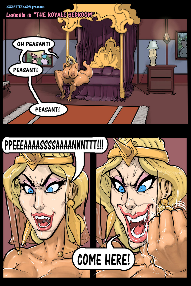 bartok_the_magnificent big_breasts blonde_hair blue_eyes breasts comic dialogue don_bluth english_text female huge_breasts large_breasts ludmilla_(bartok) nipples teeth text thick_thighs vaiderman wide_hips