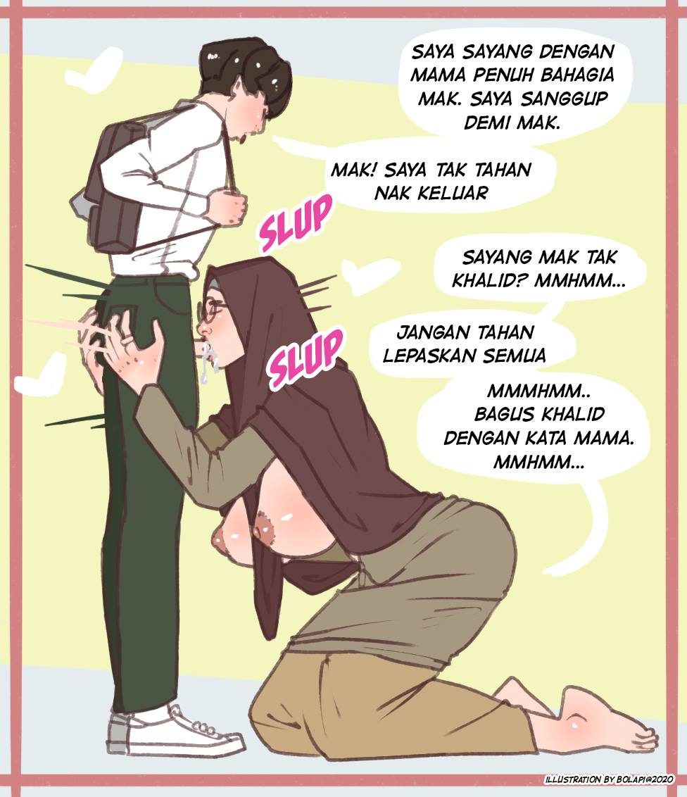 blowjob, bolapistarize, clothing, cum, fellatio, female, gentle mommy, glasses, hijab, incest, male, milf, mommy kink, mother and son, oral, oral sex, school bag, school uniform, schoolboy, translated