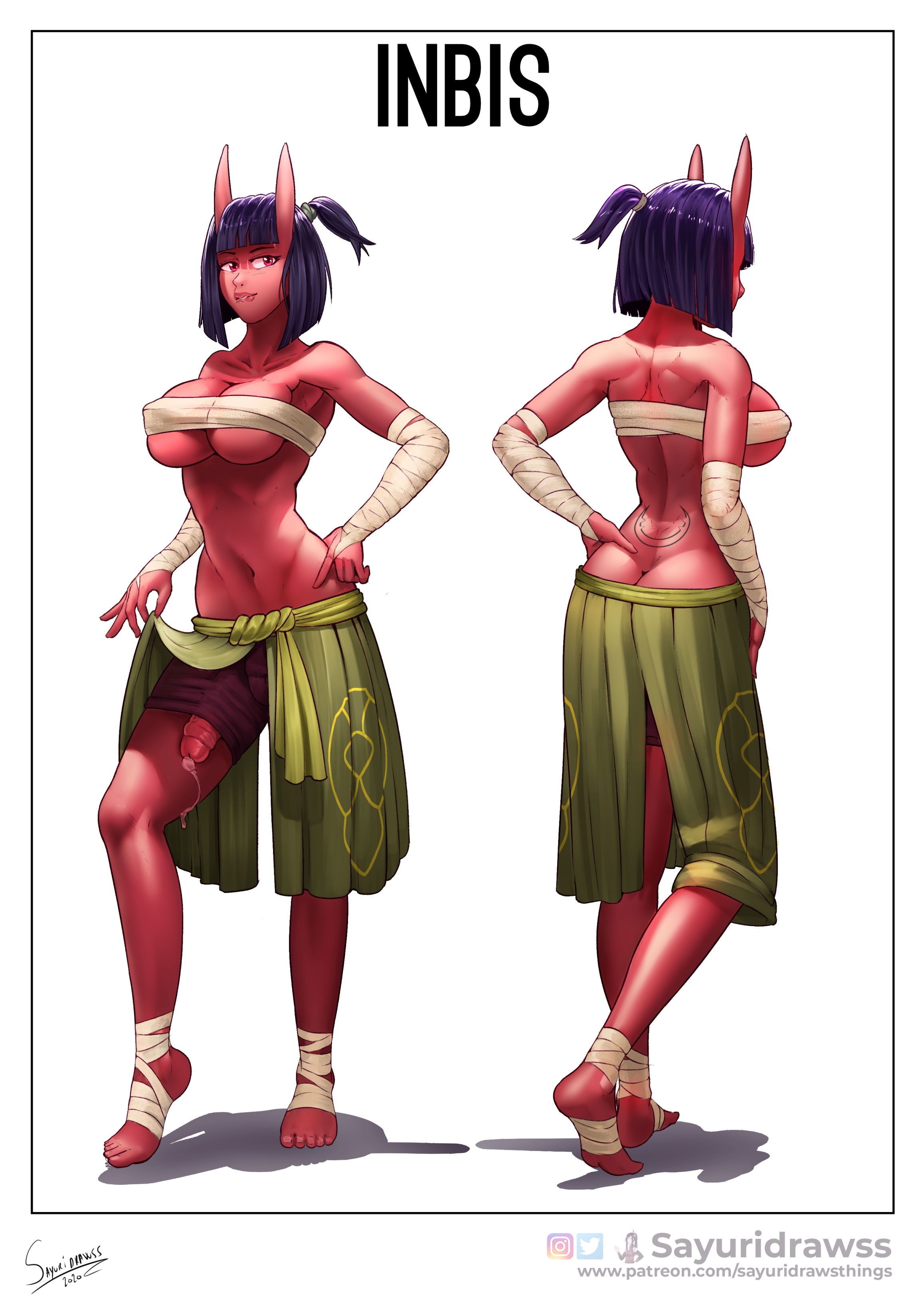 bandage, big breasts, big penis, breasts, demon, demon girl, erection under clothes, female, futa only, futanari, horns, intersex, penis, ponytail, red skin, sayuridrawsthings, thick thighs, throbbing penis, tight clothing, tight shorts, underboob