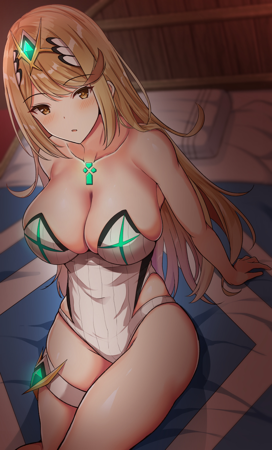 1girls :o arm_support bangs bare_arms bare_shoulders bed big_ass big_breast big_butt blanket blonde_hair blush breasts brown_eyes bubble_ass bubble_butt casual_one-piece_swimsuit chest_jewel cleavage collarbone cute eyebrows_visible_through_hair female gem glowing happy highres horny huge_ass indoors large_breasts leaning_back long_hair looking_at_viewer mythra nintendo noeomi on_bed one-piece_swimsuit open_mouth pillow seductive seductive_eyes shy sitting smile solo staring strapless strapless_swimsuit swimsuit thick thick_legs thick_thighs thigh_strap thin thin_waist tiara tsundere very_long_hair voluptuous white_swimsuit xenoblade_(series) xenoblade_chronicles_2