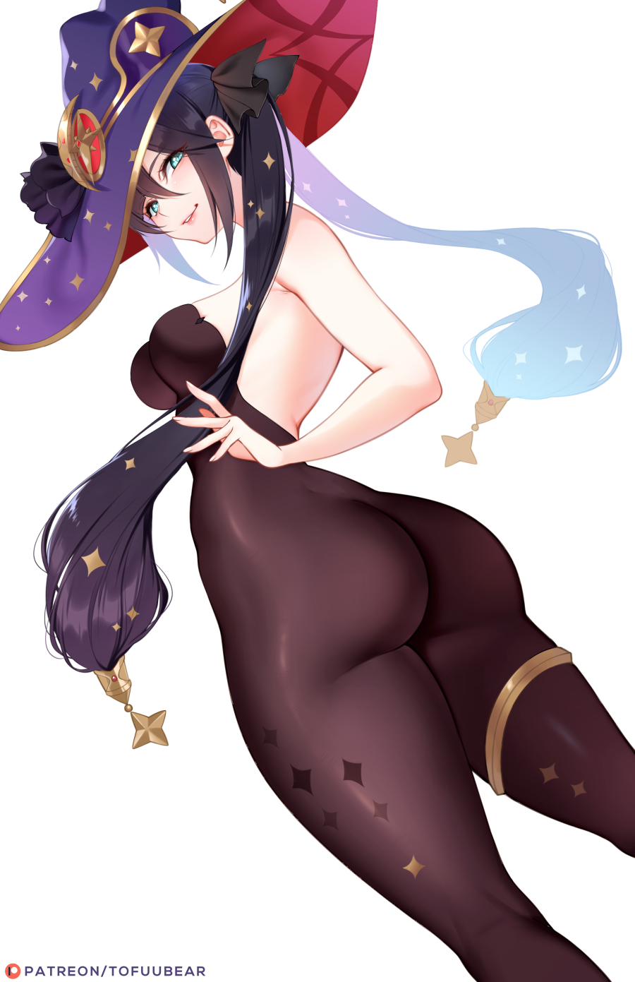 1girls, ass, big ass, big butt, bodysuit, breasts, female, female only, genshin impact, large ass, large butt, looking at viewer, looking back, mona (genshin impact), pantyhose, solo, thick, thick thighs, tofuubear, witch hat