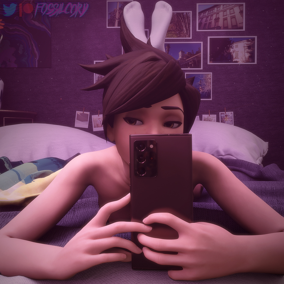 1girls, 3d, bed, bedroom, blender, brown hair, feet up, female, female focus, female only, fossilcord, light skin, light-skinned female, looking to the side, nude, nude female, on bed, overwatch, phone, selfie, socks, solo, tracer, watermark