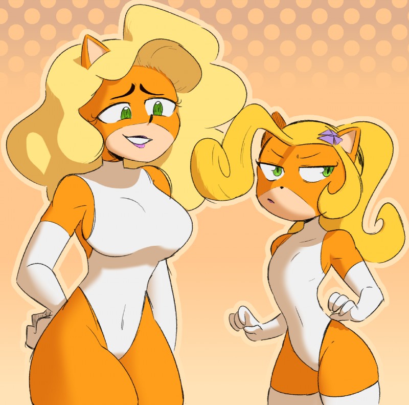 2girls, activision, anthro, benaticbro, big breasts, blonde hair, breasts, clothed, clothing, coco bandicoot, crash (series), crash bandicoot (series), elbow gloves, female, female only, flat chest, flat chested, furry, gloves, green eyes, leotard, naughty dog, simple background, smile, standing, tawna bandicoot, white gloves, white leotard