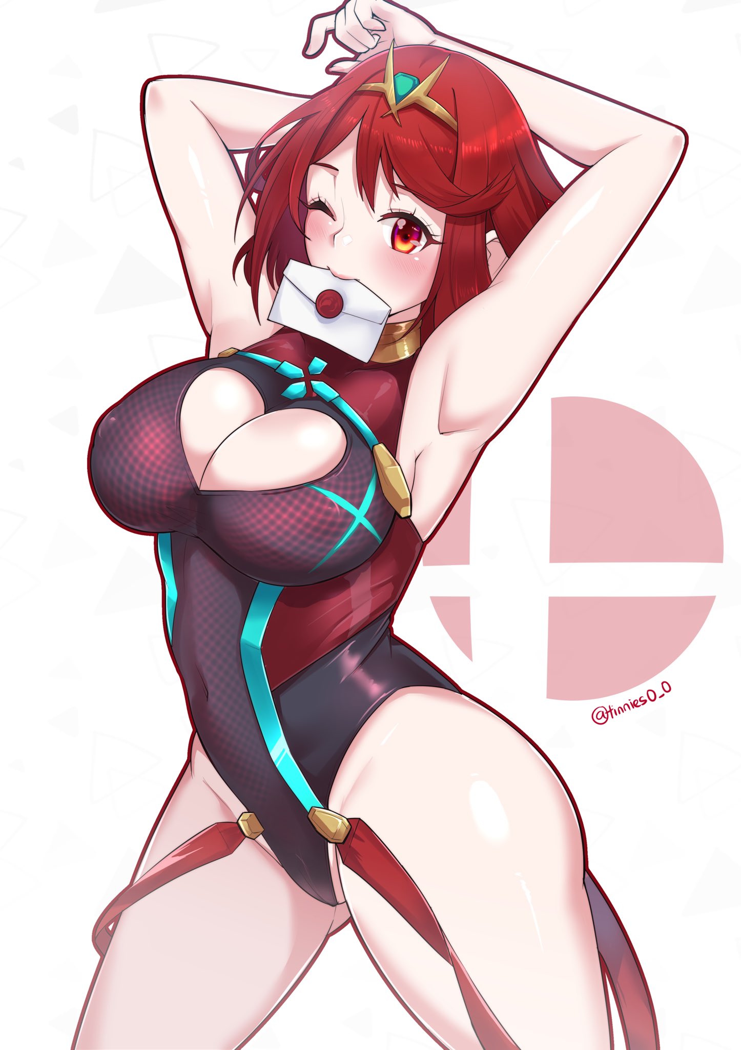 1girls, armpits, big breasts, blush, breasts, circlet, cleavage, cleavage cutout, cutout, envelope, female, female only, hair, heart cutout, invitation, large breasts, latex, letter, looking at viewer, one eye closed, pyra, red eyes, red hair, short hair, smash invitation, solo, solo female, super smash bros., thick thighs, tinnies, wide hips, xenoblade (series), xenoblade chronicles 2