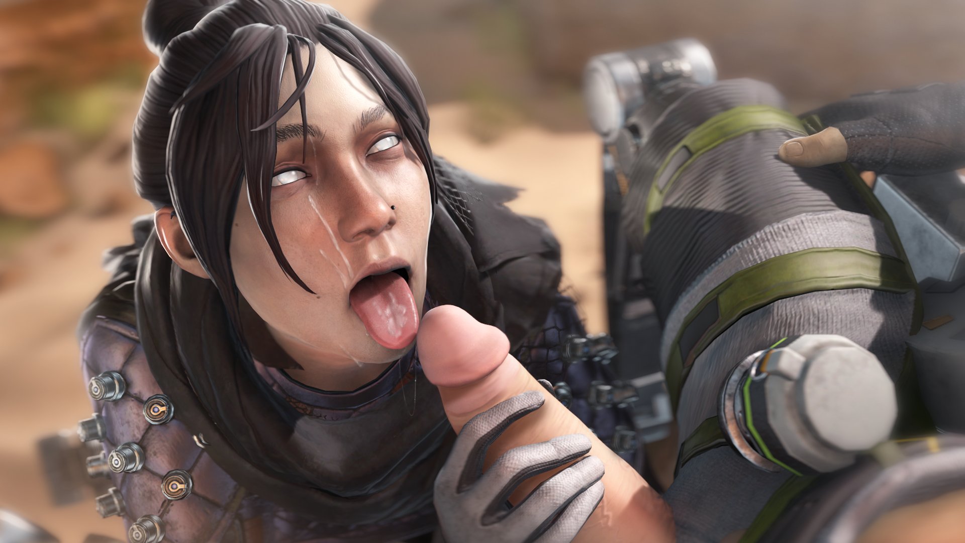 1boy, 1girls, 3d, apex legends, cum, cum on tongue, erection, female, fully clothed, greatm8, holding penis, kneeling, kneeling oral position, male, nose piercing, octane (apex legends), open mouth, penis, piercing, source filmmaker, straight, tagme, tongue, tongue out, wraith (apex legends)
