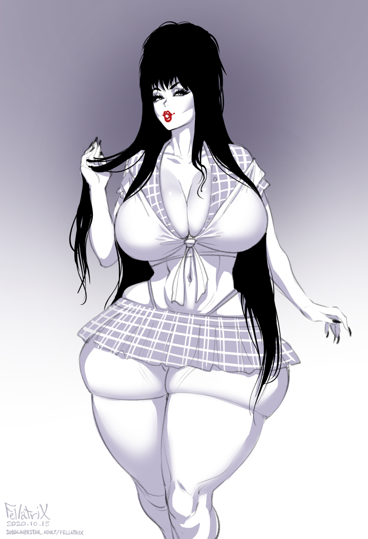 1girls 2020 artist_name big_breasts black_hair black_nail_polish breasts cleavage cosplay curvaceous curvy curvy_figure dated elvira elvira:_mistress_of_the_dark fellatrix female female_only goth hourglass_figure large_breasts looking_at_viewer monochrome school_uniform schoolgirl skindentation solo solo_female thick_thighs thighhighs vampire voluptuous wide_hips