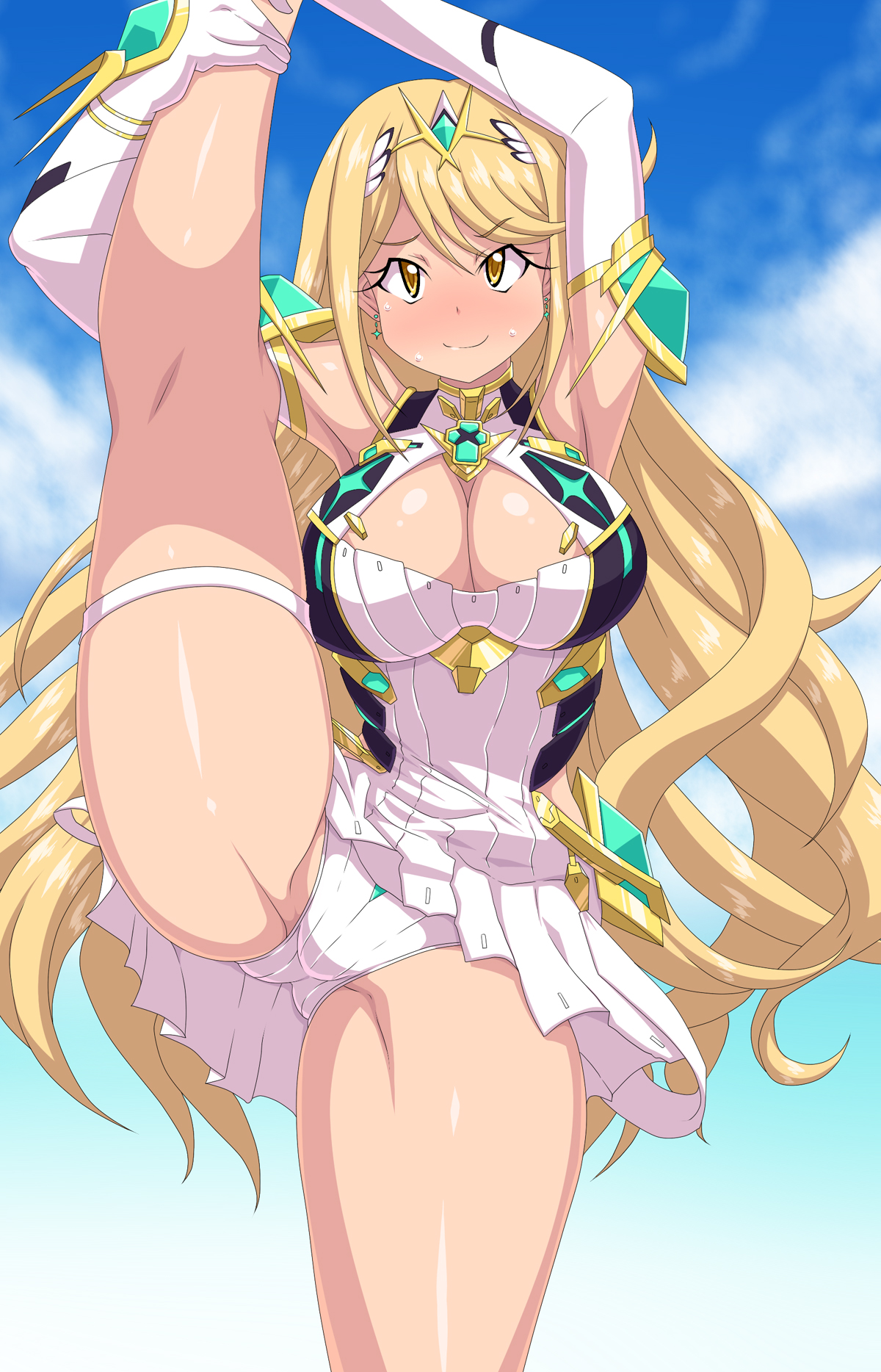 1girls, bangs, bare shoulders, blonde hair, blush, breasts, cleavage, curvy, earrings, female, flexible, fully clothed, gloves, headpiece, highres, jewelry, kihaiu, large breasts, leg lift, long hair, mythra (xenoblade), nintendo, panties, plump, smile, solo, splits, standing, standing on one leg, swept bangs, thighs, tiara, underwear, vertical splits, very long hair, xenoblade (series), xenoblade chronicles 2, yellow eyes