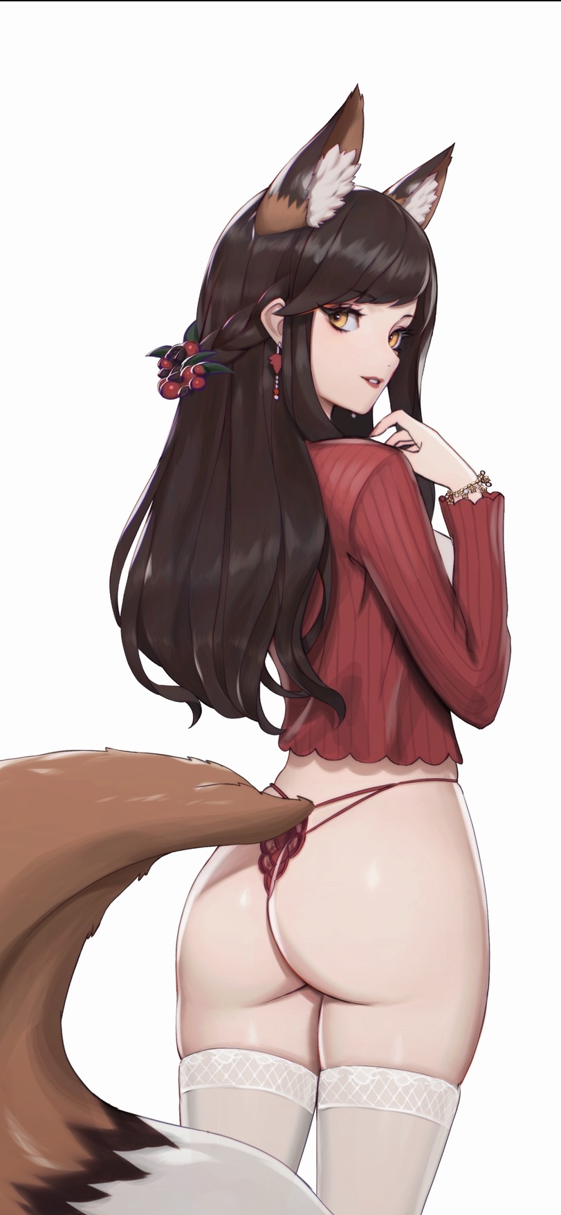 animal_ears ass big_ass big_breasts big_butt dressed fox_ears fox_tail hane_ame happy long_hair panties pose posing smile smiling stockings tail thin_waist yellow_eyes zeronis