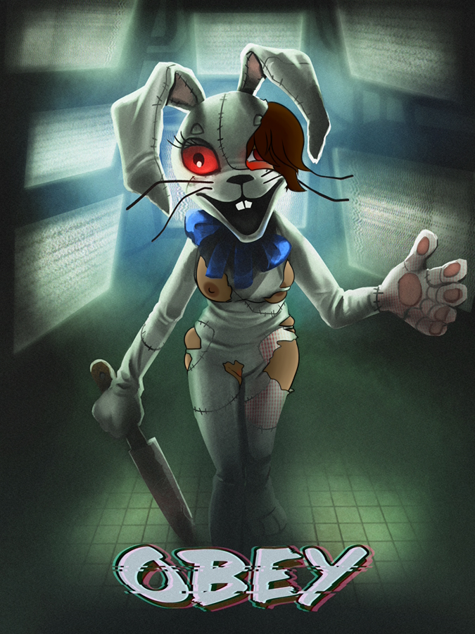 accurate art style, bad end, command, defeated, enemy conversion, female, female only, feminization, five nights at freddy's, five nights at freddy's: security breach, game over, gregory (fnaf), knife, mind break, mind control, slave, solo, solo female, solo focus, tagme, text, vanny (fnaf), weapon