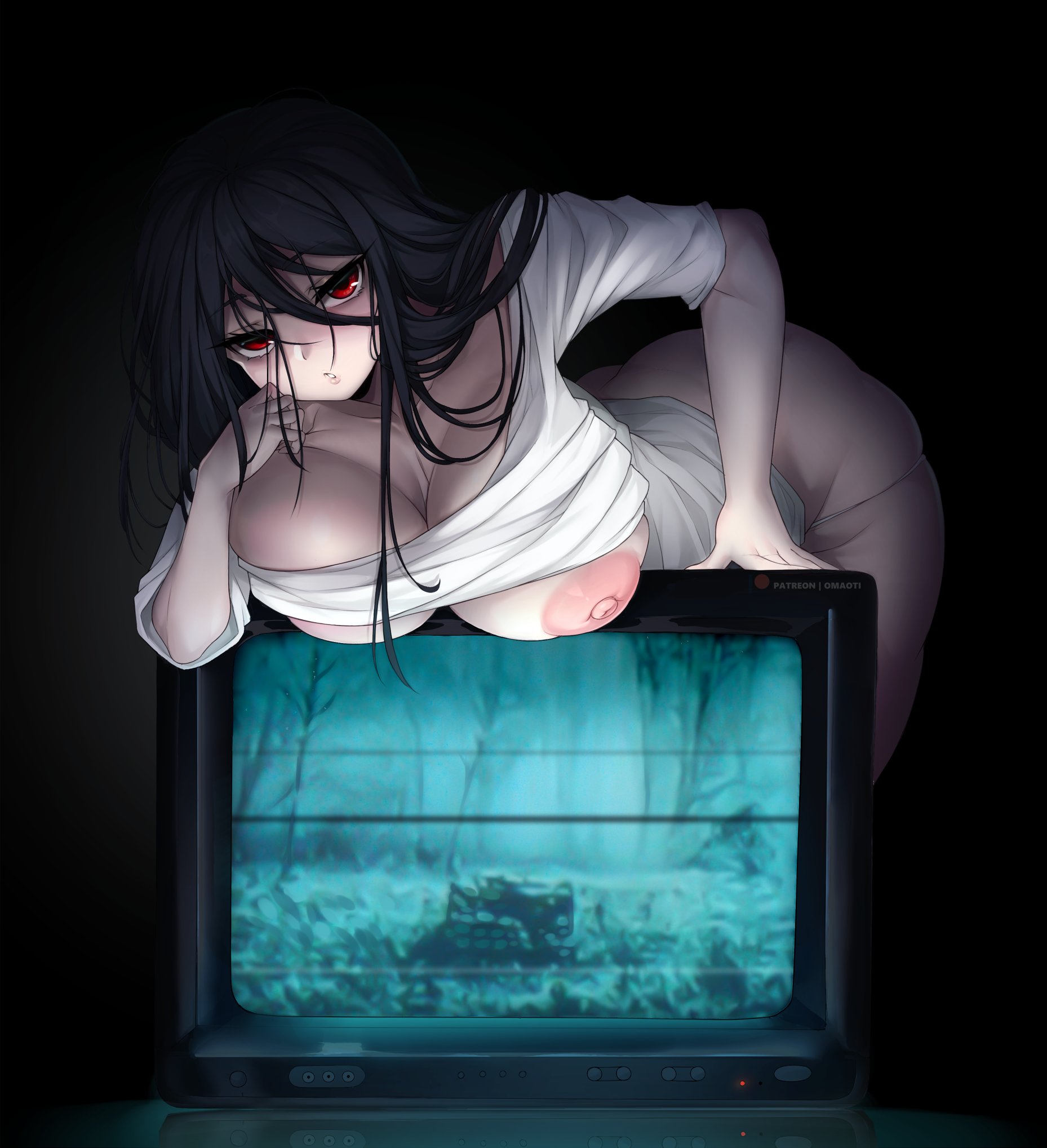 1girls, areolae, ass, big ass, big breasts, black hair, blush, breasts, eye contact, female, female only, ghost, huge breasts, large breasts, long hair, looking at viewer, nipples, omaoti, red eyes, the ring, thong, voluptuous, yamamura sadako